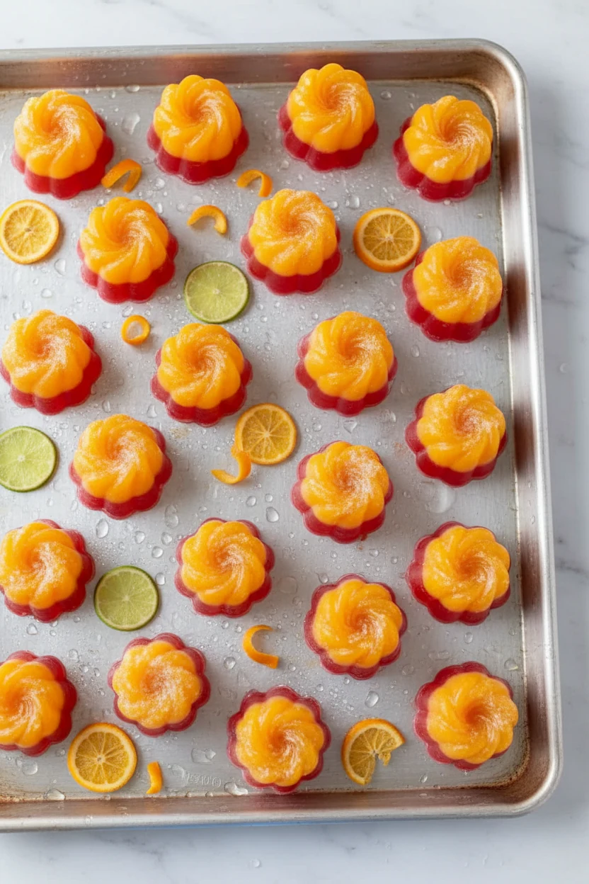 Overhead shot of assorted tropical sunset jello shots in silicone molds, showcasing vibrant mango and strawberry layers,