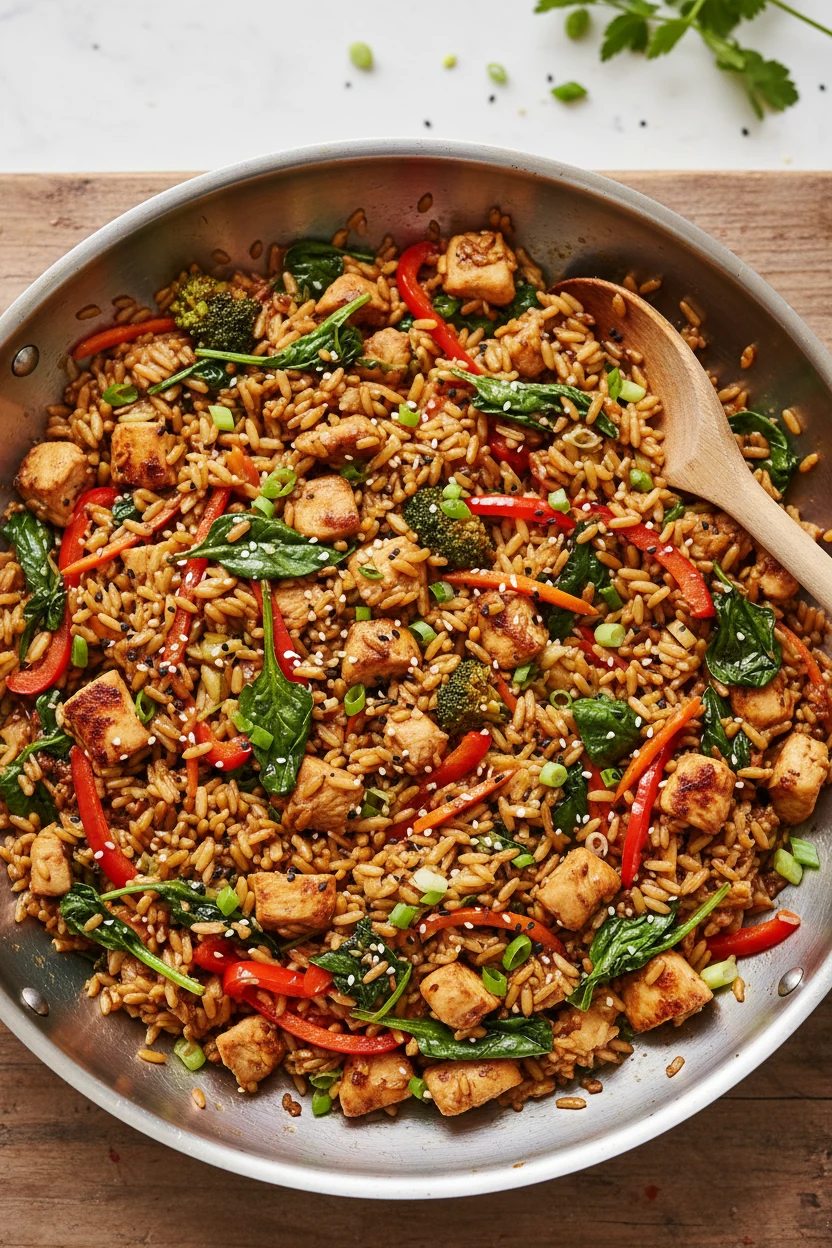 Overhead shot of rice stir-fry in a large pan, showing evenly coated grains with soy sauce, wilted spinach woven through