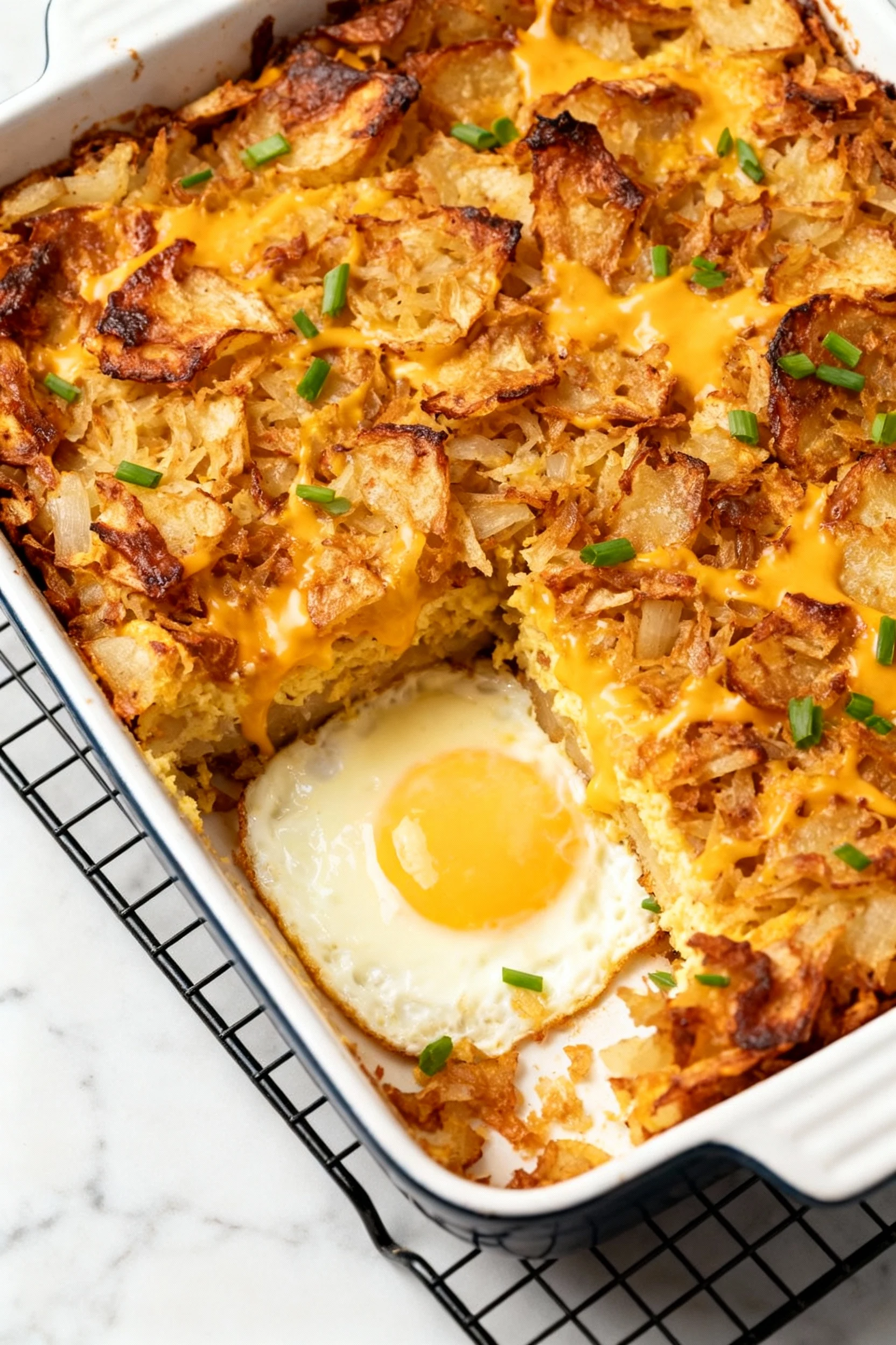 Food photography, Overhead of the baked 9x13 hash brown breakfast casserole: deeply golden, craggy potato top with caram