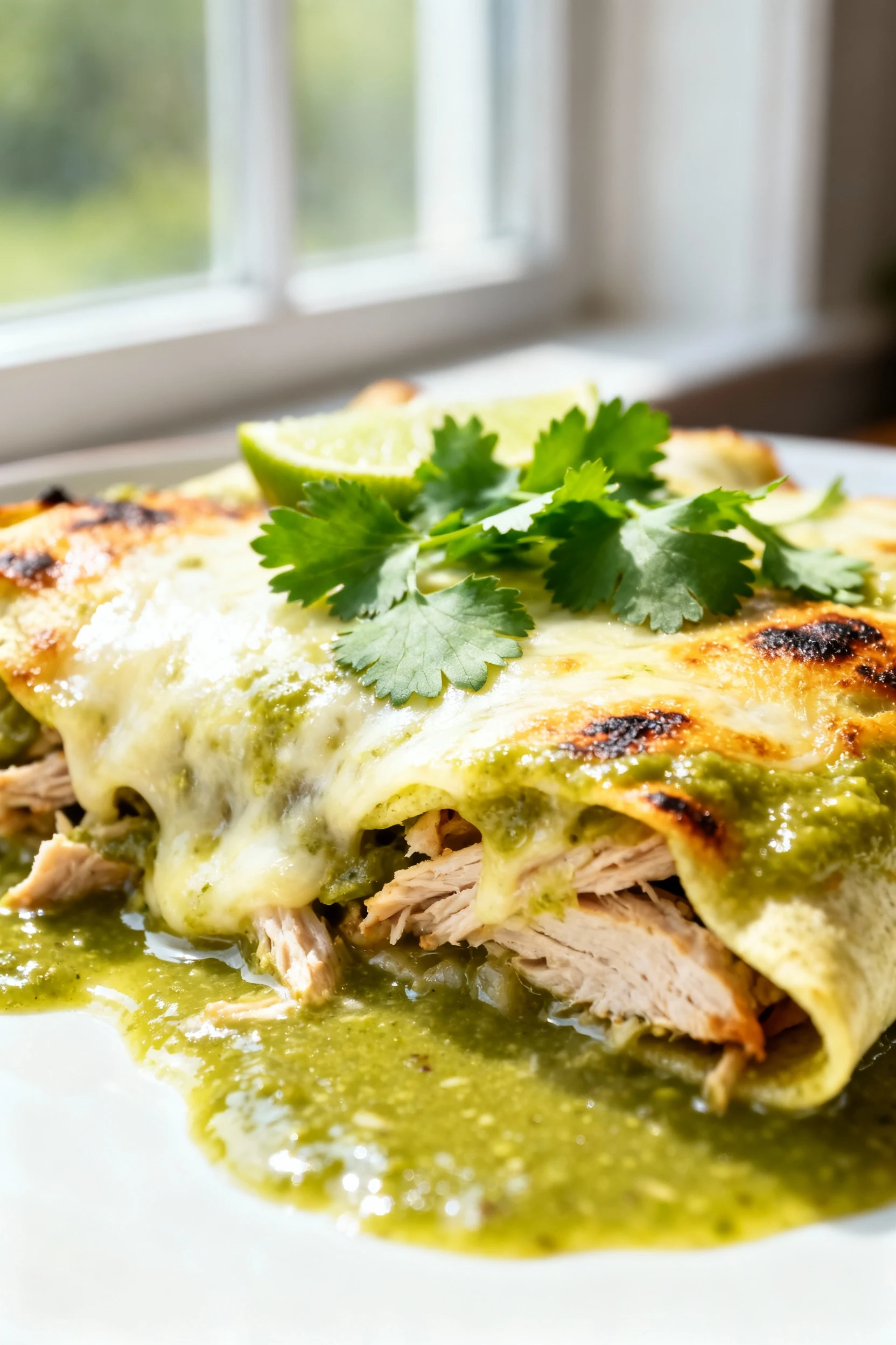 Close-up of Turkey Enchiladas Verde just out of the 375°F oven, melted Monterey Jack bubbling with light char, glossy sa