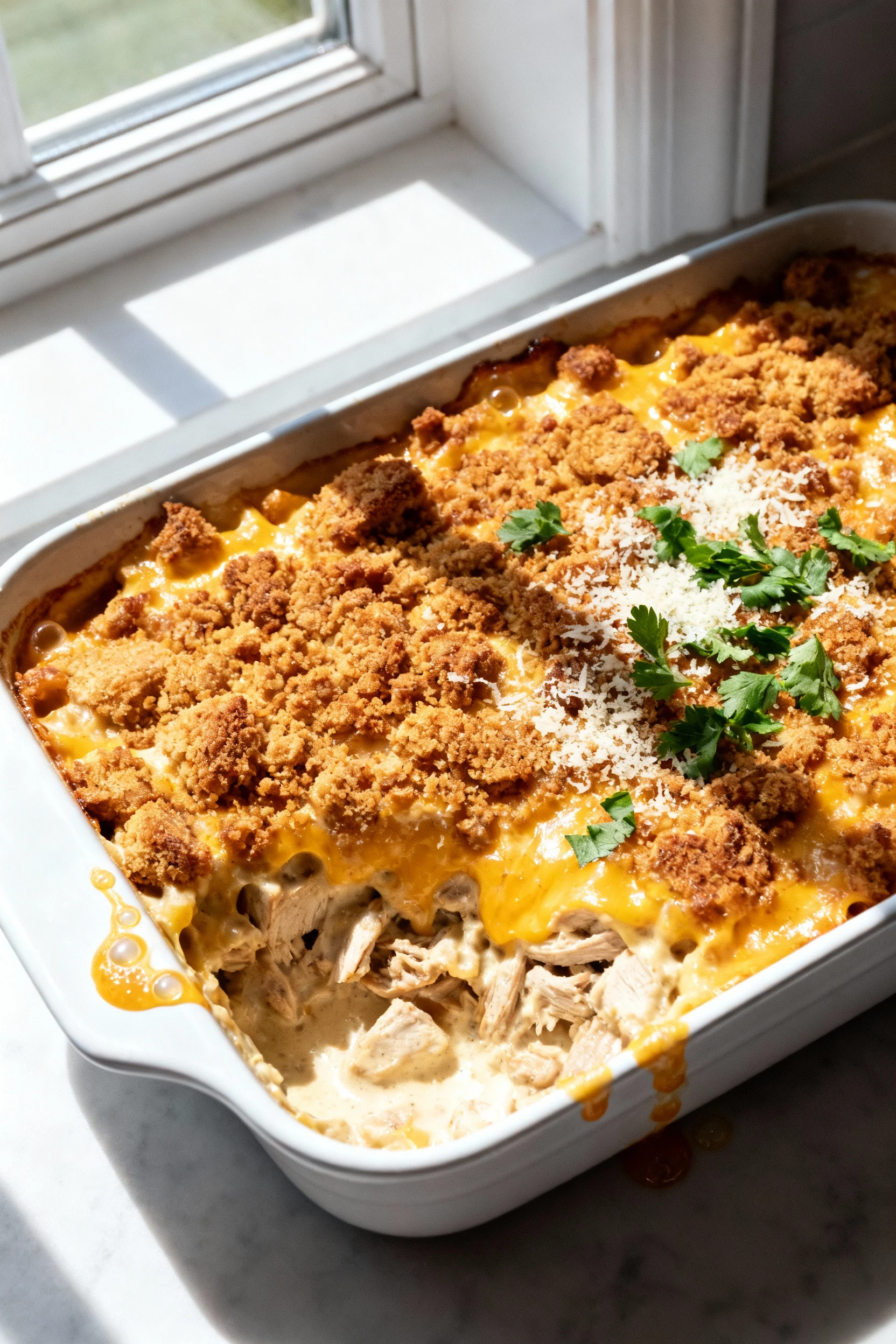 2. Overhead shot of a 9x13 creamy turkey casserole just baked, evenly browned crumb topping, glossy melted cheese, Parme