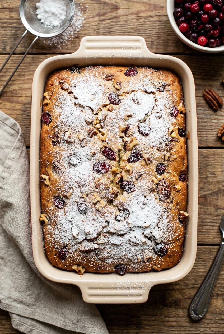 Overhead shot of freshly baked festive cake in rectangular dish, evenly dusted with powdered sugar, studded with chopped