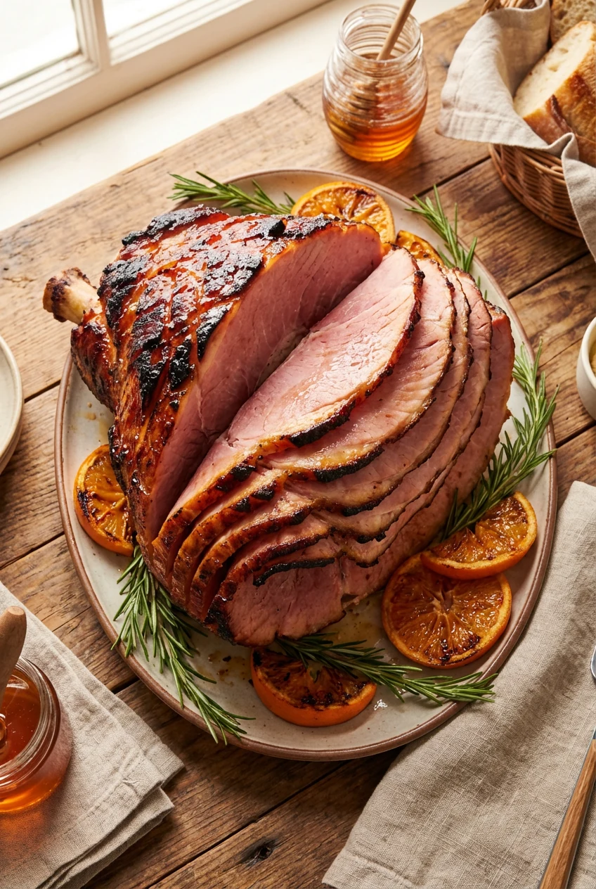 Overhead shot of sliced bone-in ham arranged in a fan pattern on a platter, garnished with fresh rosemary sprigs and ora