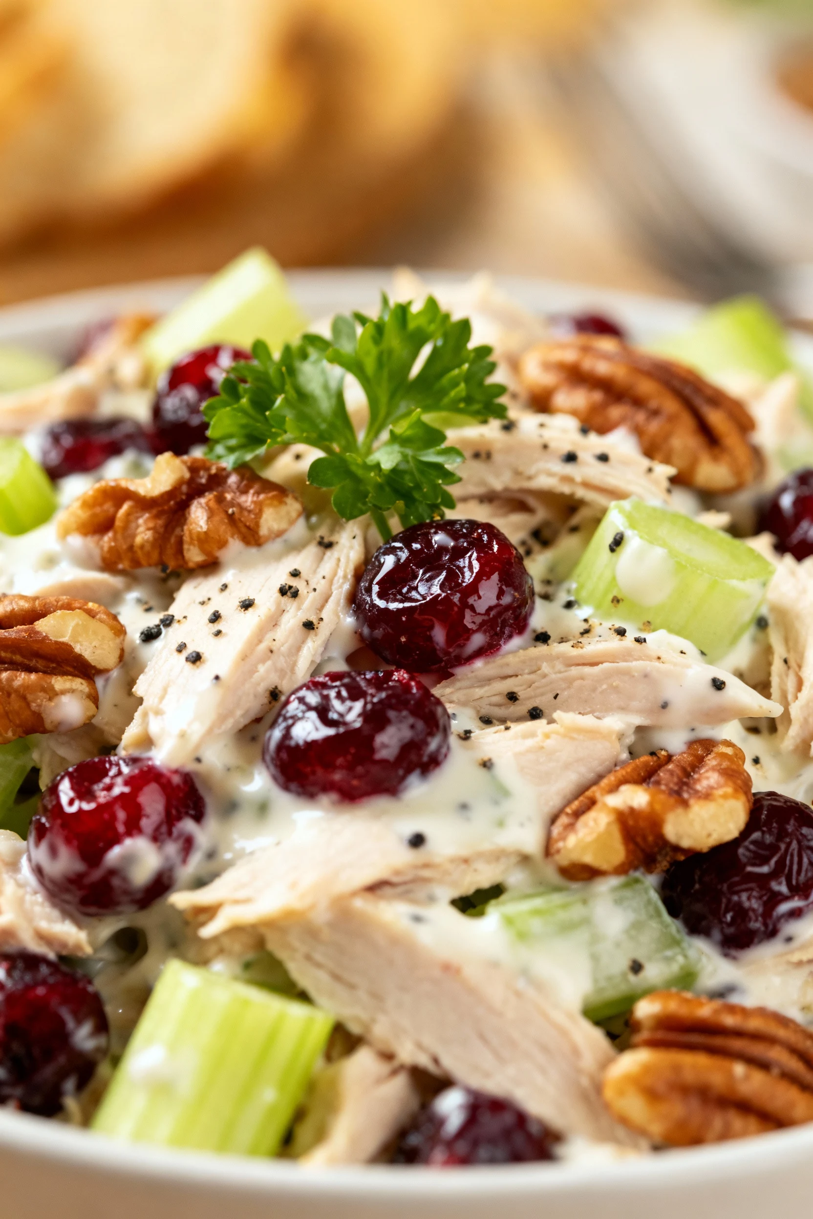 Close-up macro of the finished turkey–cranberry–pecan salad with creamy yogurt dressing clinging to tender turkey, glist