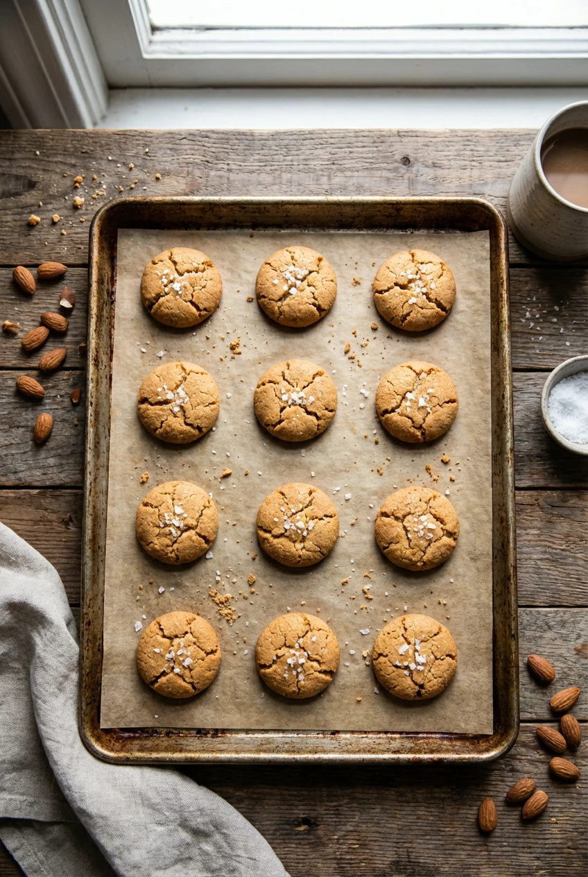 Overhead shot of a parchment-lined baking sheet with perfectly spaced, just-baked almond flour cookies, golden and sligh