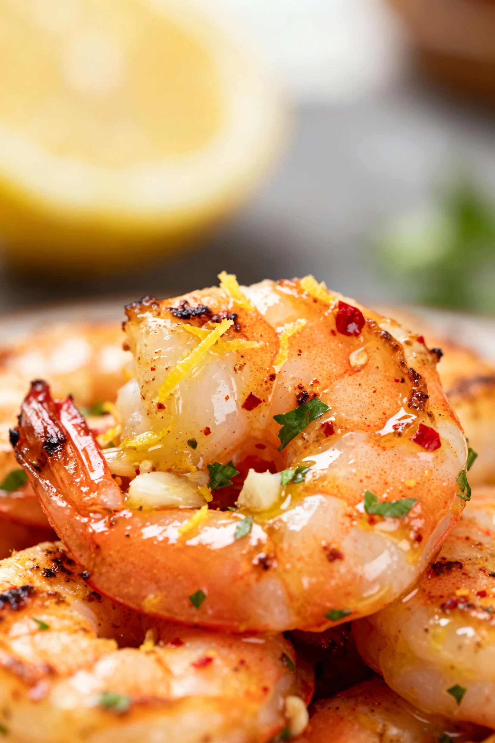 Close-up detail: char-kissed grilled shrimp glistening with melted butter, speckled with lemon zest, minced garlic, smok