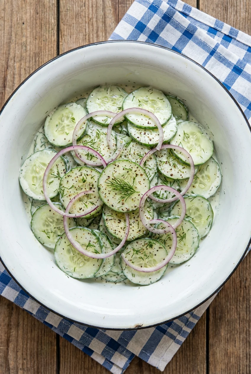 Overhead shot of German Cucumber Salad (Gurkensalat) in a wide white enamel bowl, creamy dressing lightly coating layere