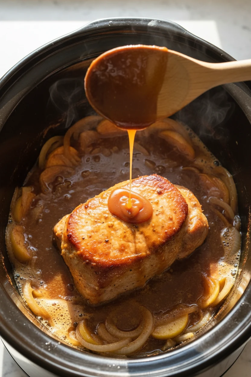 Cooking process overhead: fully cooked pork loin resting atop softened onions and apple chunks in the slow cooker; sauce