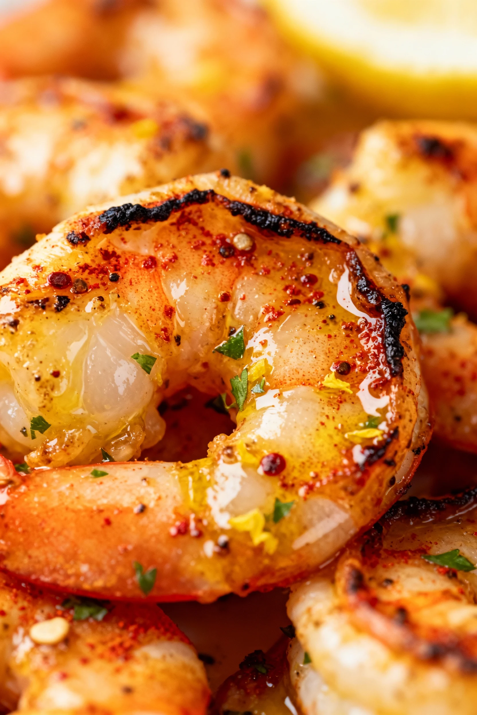 Extreme close-up of grilled lemon–garlic shrimp glazed with olive oil and garlic butter, smoked paprika red hue, pepper