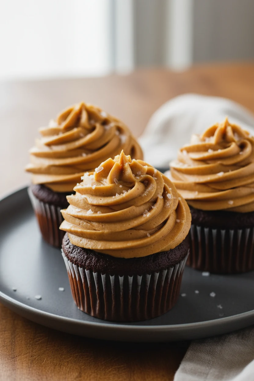 Beautifully piped peanut butter frosting swirls on chocolate cupcakes, dense and smooth with soft peaks, flecked with fl