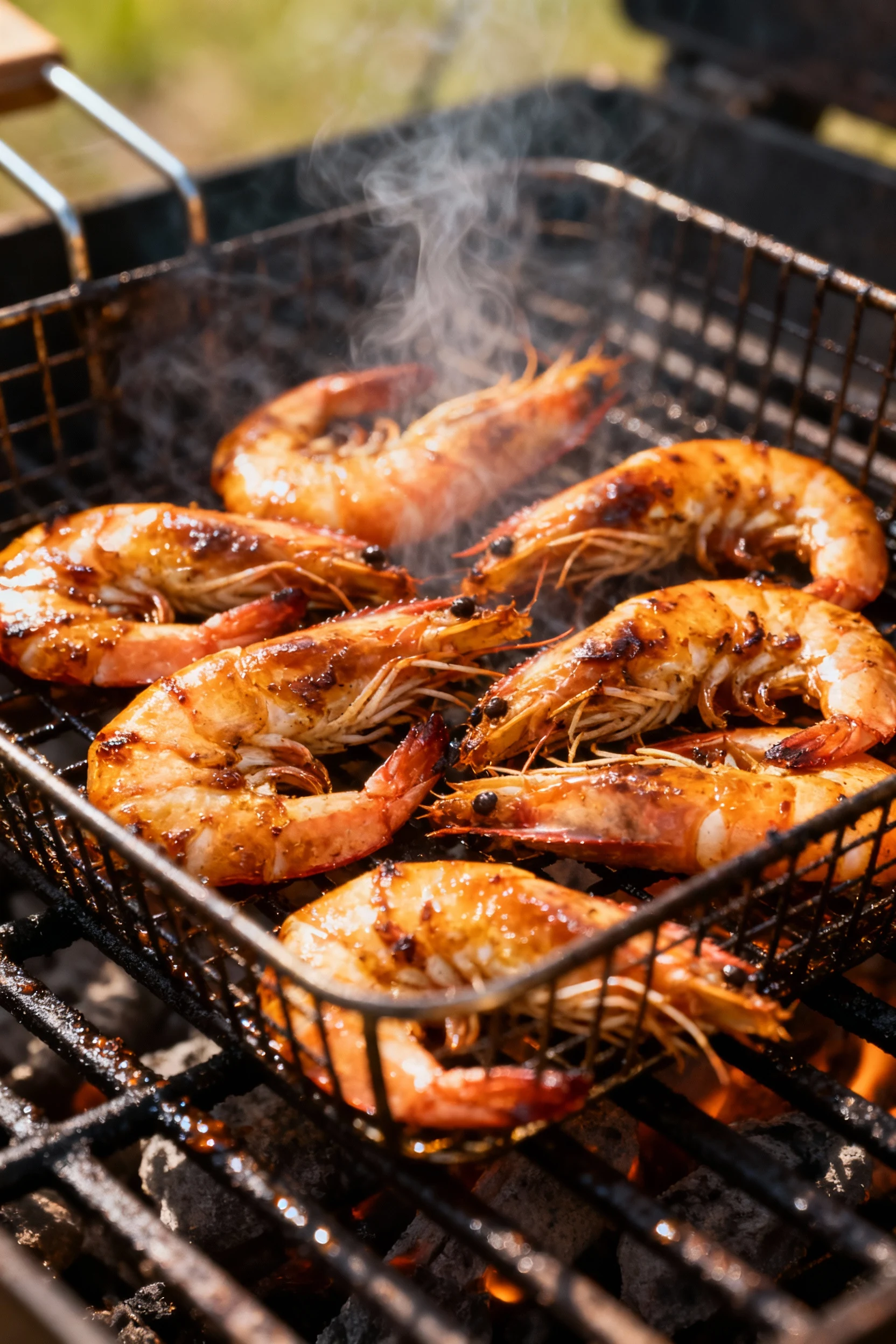 Cooking process shot: shrimp sizzling in a grill basket over oiled medium-high grates, deep amber caramelization and cri