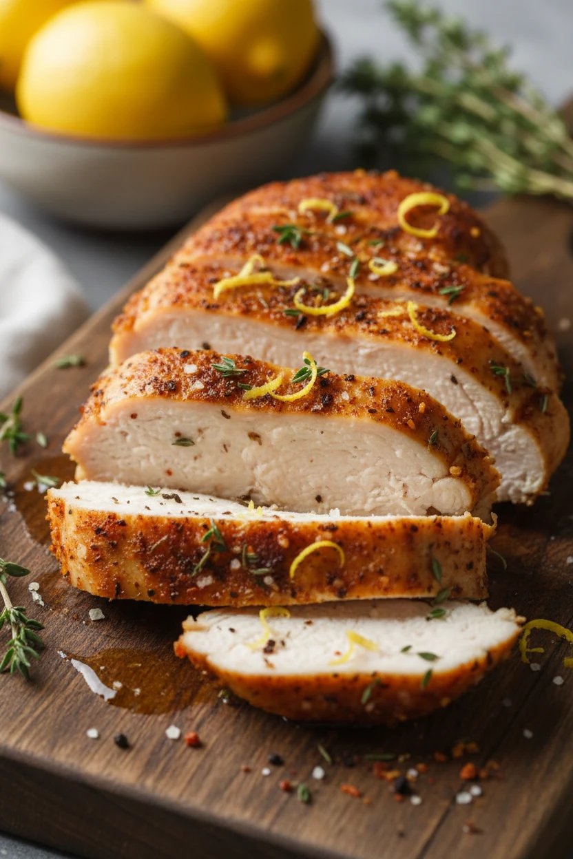 Close-up of sliced air-fried boneless skinless chicken breast revealing a juicy, glistening interior and thin, well-brow