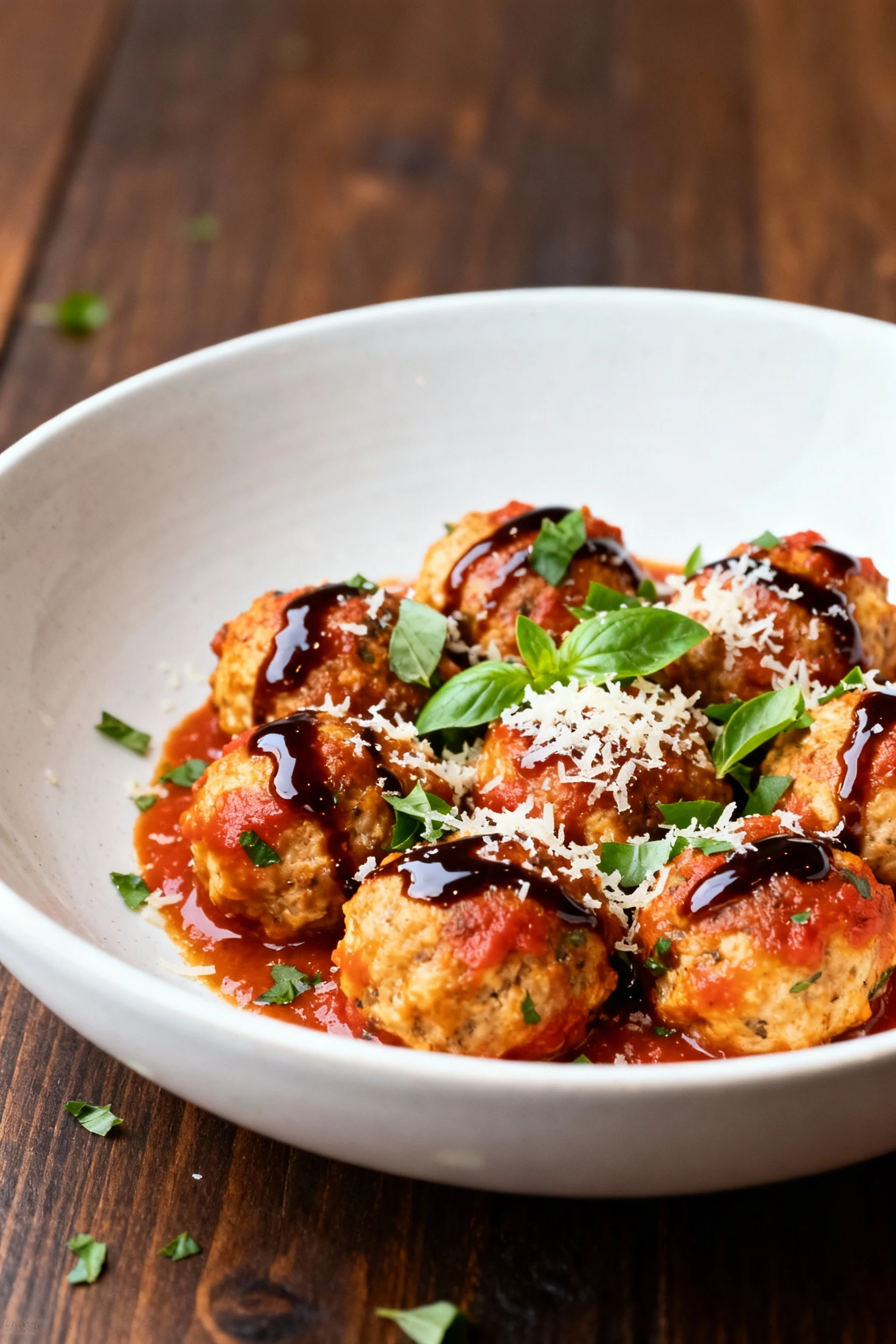 Beautifully plated air fryer chicken meatballs tossed in warm marinara, finished with a glossy balsamic glaze drizzle, c