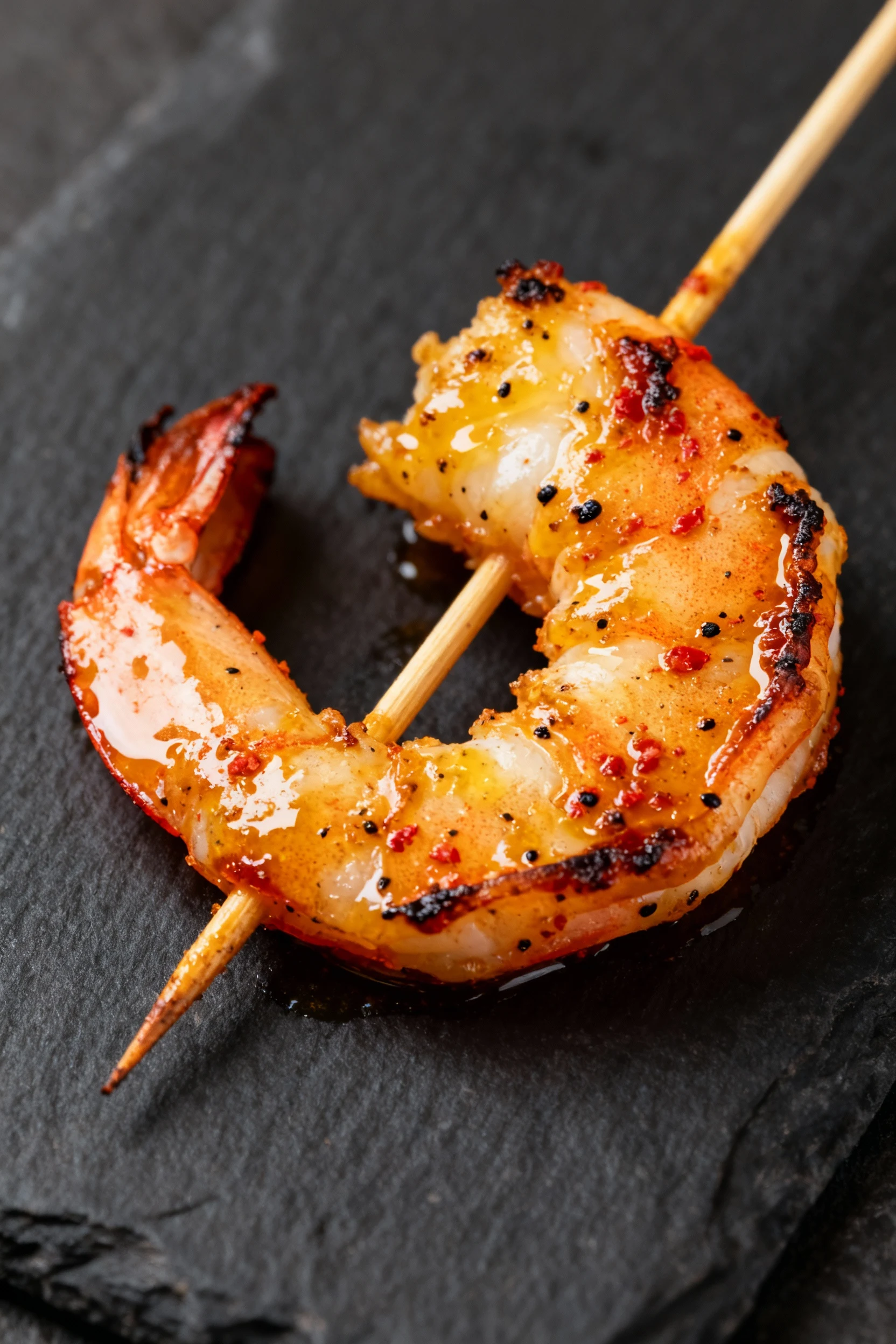 Extreme close-up of cooked Cajun shrimp on skewer, glistening butter sheen, charred edges, paprika and black pepper spec