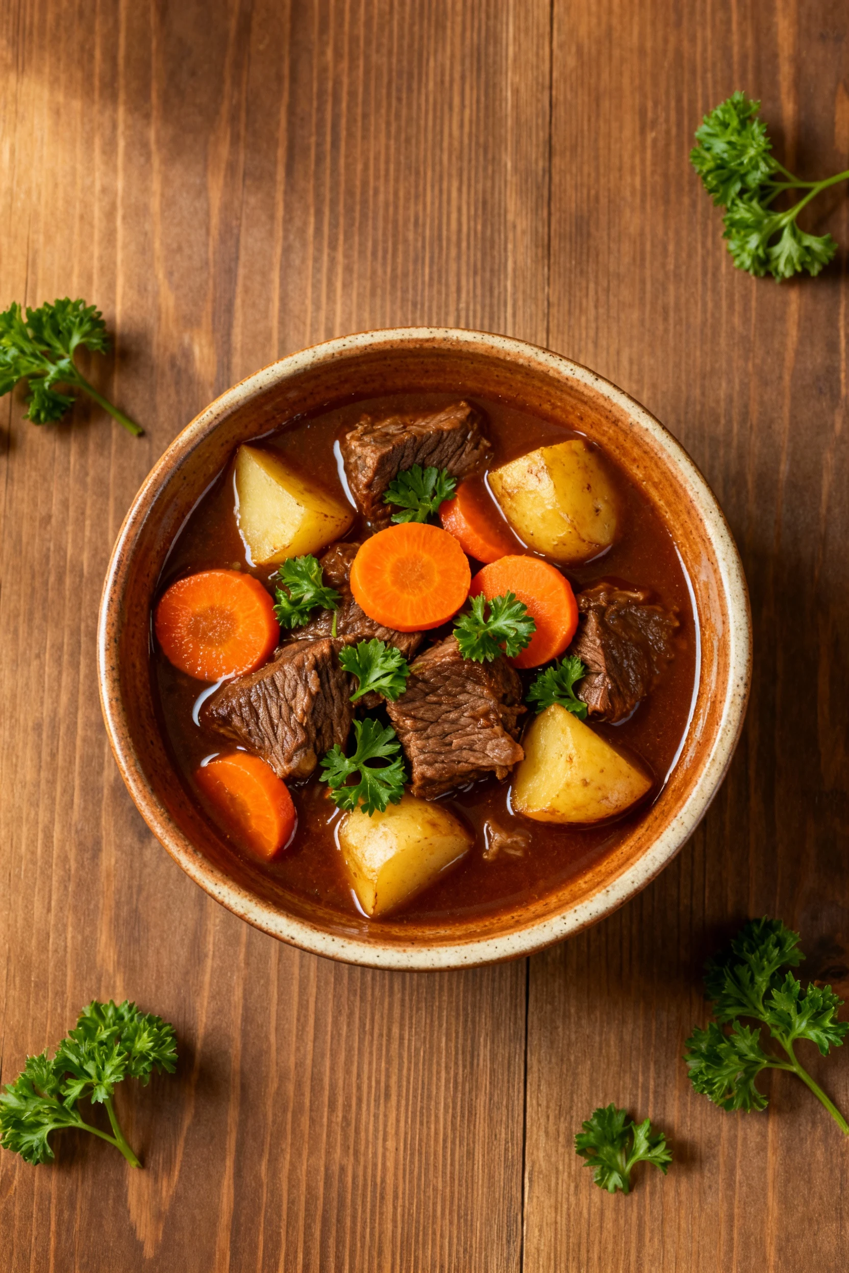 Overhead shot of a rustic bowl filled with finished venison stew, showcasing vibrant orange carrot slices, golden potato