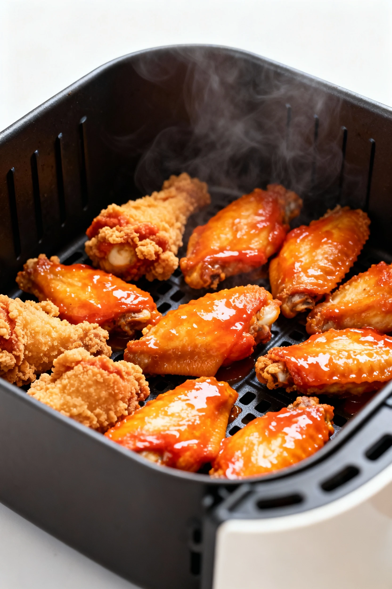Buffalo chicken wings, fully cooked and cornstarch-crisped, glistening in butter–hot sauce, back in the air fryer basket