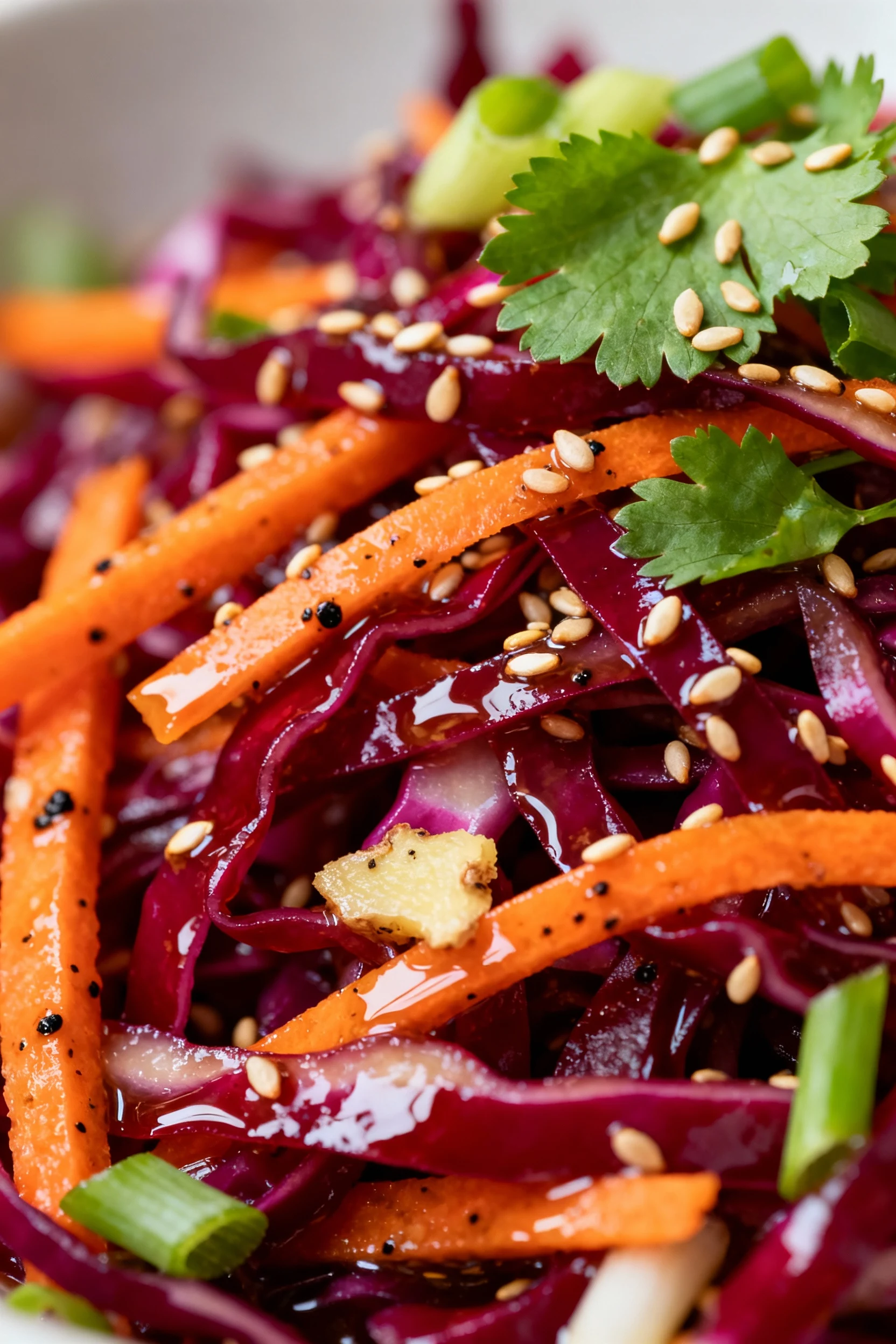 Close-up macro of the salad’s texture: glistening sesame-ginger–coated red cabbage and carrot strands with visible ginge