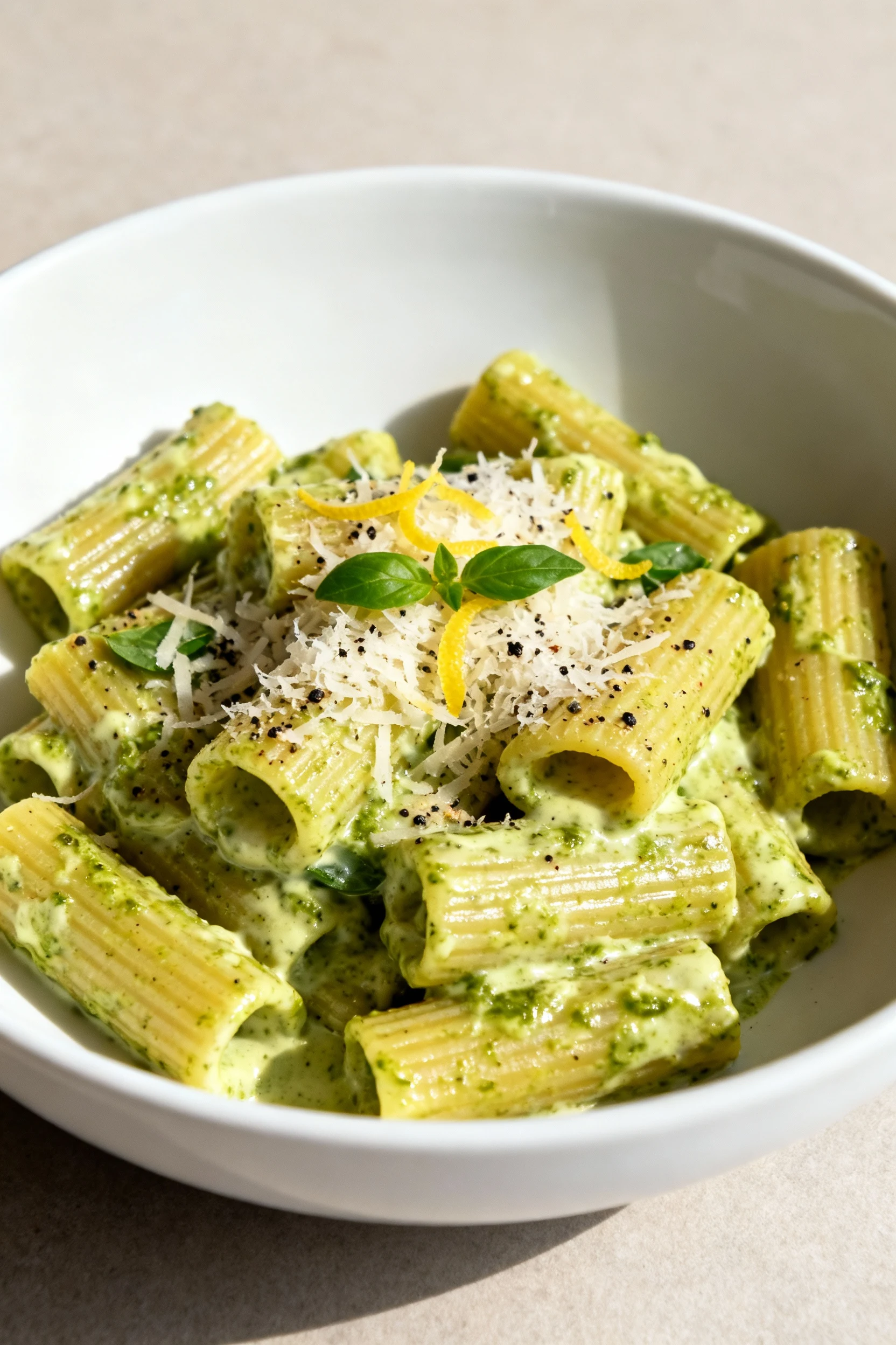 Beautifully plated Creamy Pesto Rigatoni: rigatoni lacquered in pesto-ricotta, ultra-silky and clinging, topped with gra