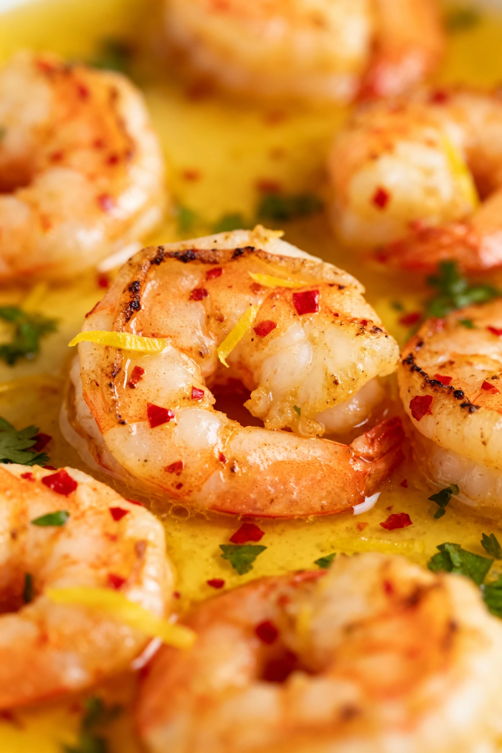 Close-up detail: paprika- and red-pepper-flecked shrimp on the medium zone (350–400°F), edges opaque with light char, le