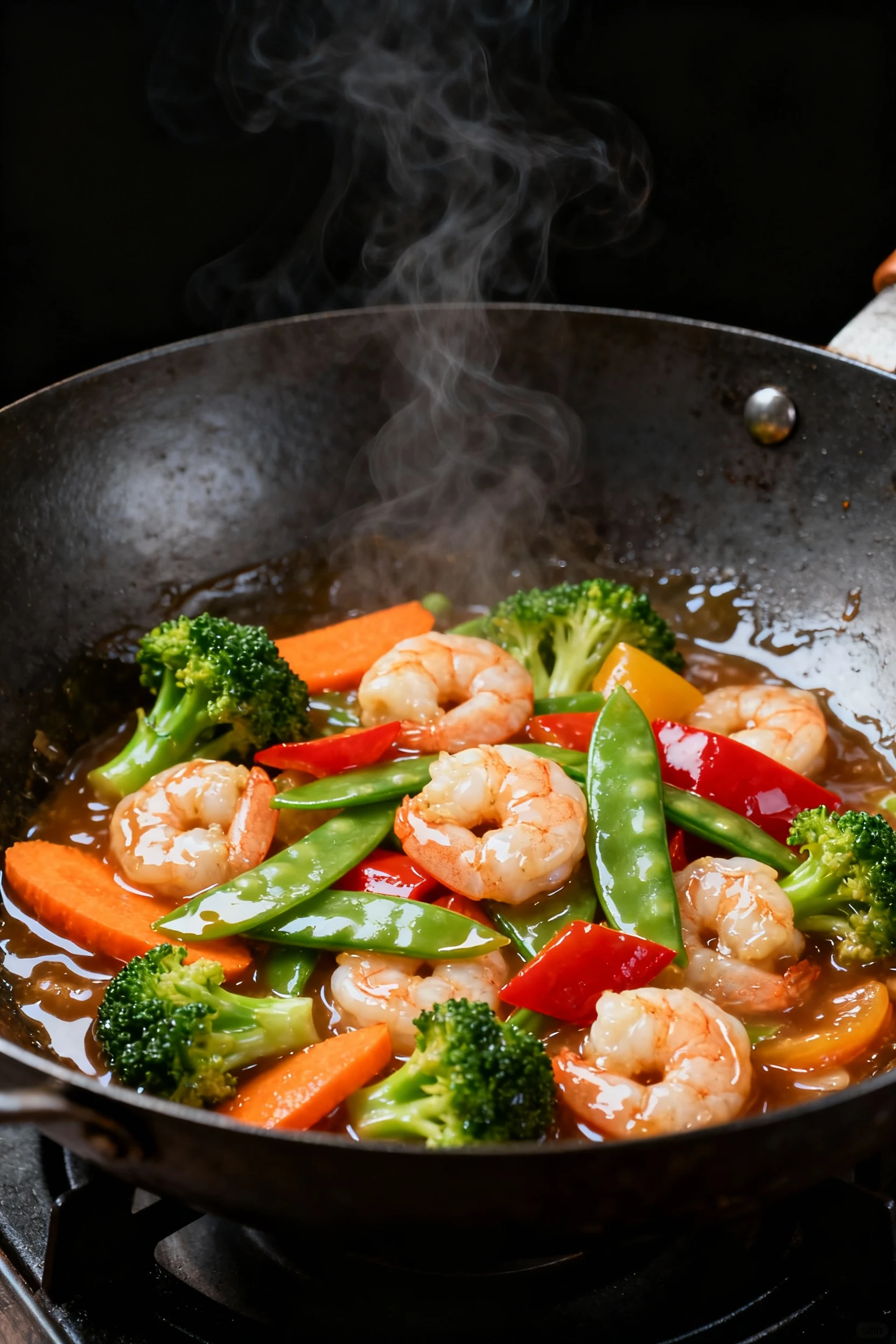 Healthy prawn stir-fry mid-cook: sizzling veg (broccoli, carrots, snap peas, bell pepper) and just-opaque prawns in a ho