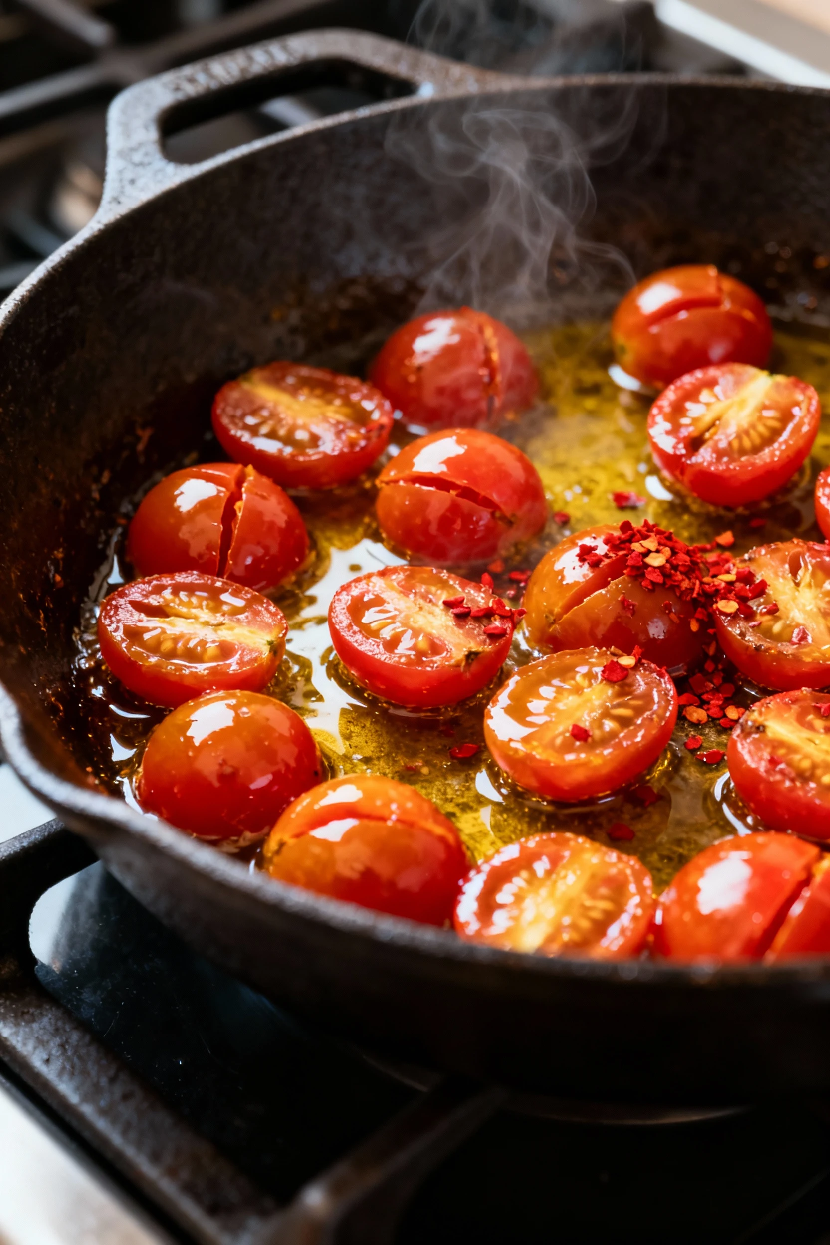 Skillet of halved cherry tomatoes blistering in olive oil with a pinch of red pepper flakes—skins just split, juicy and 