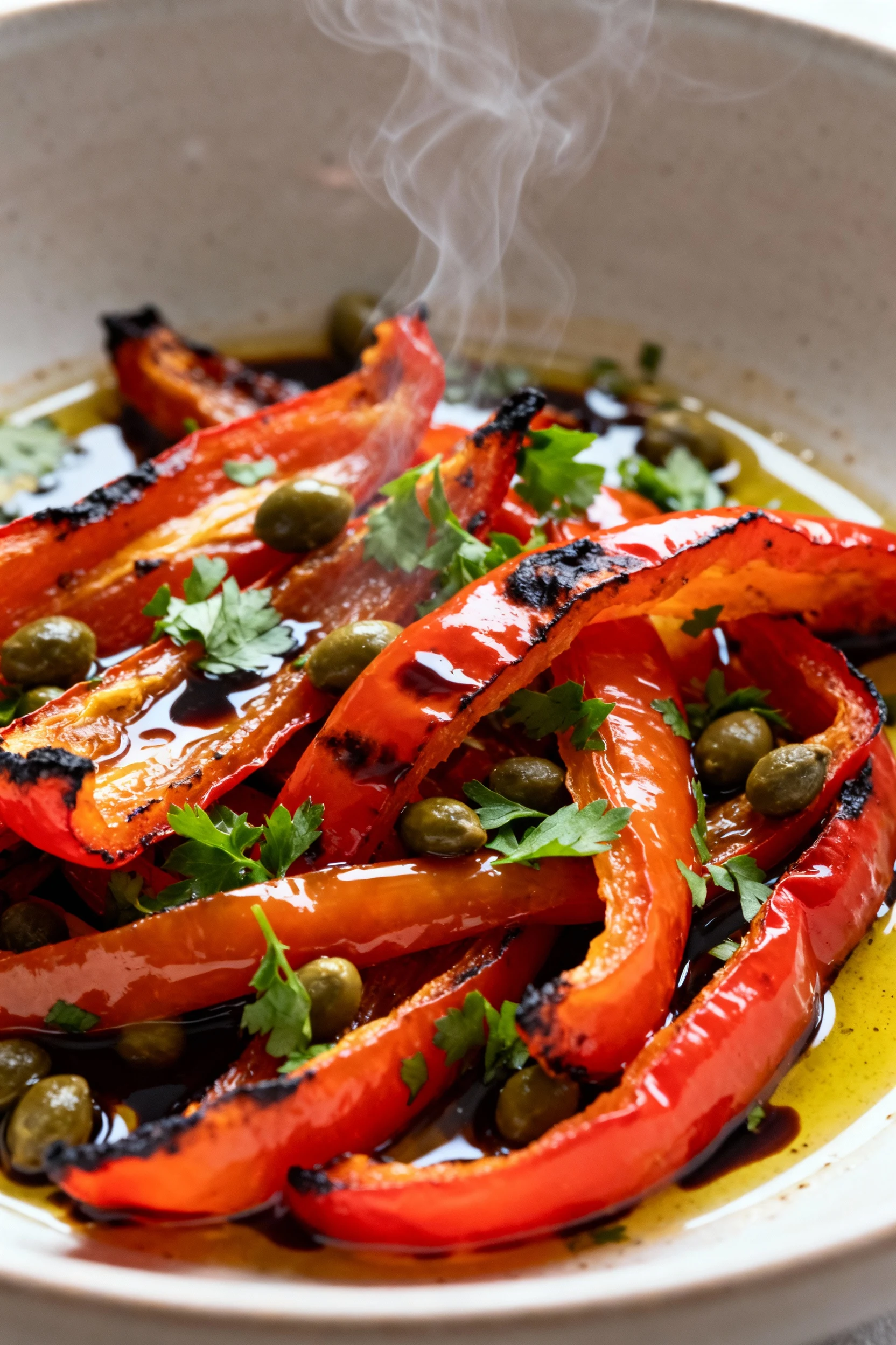 Close-up detail: Silky peeled roasted pepper strips being tossed with olive oil, a splash of balsamic, capers, and chopp
