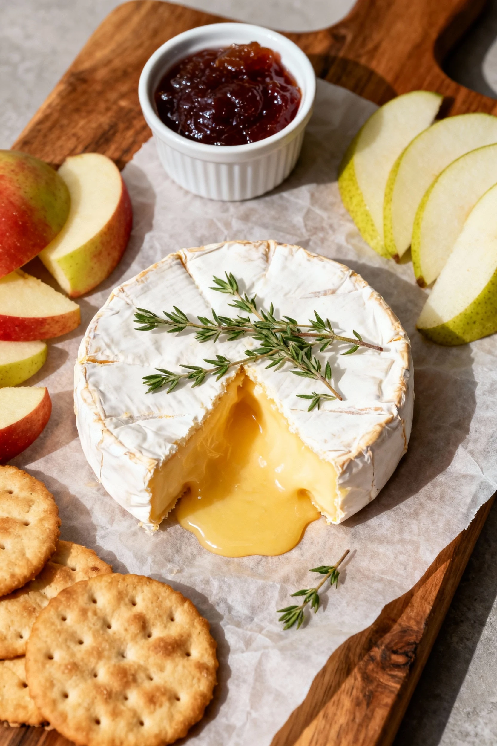 Overhead shot of fig jam baked brie cut open after a 10-minute rest, molten center gently pooling, thyme sprinkle, serve