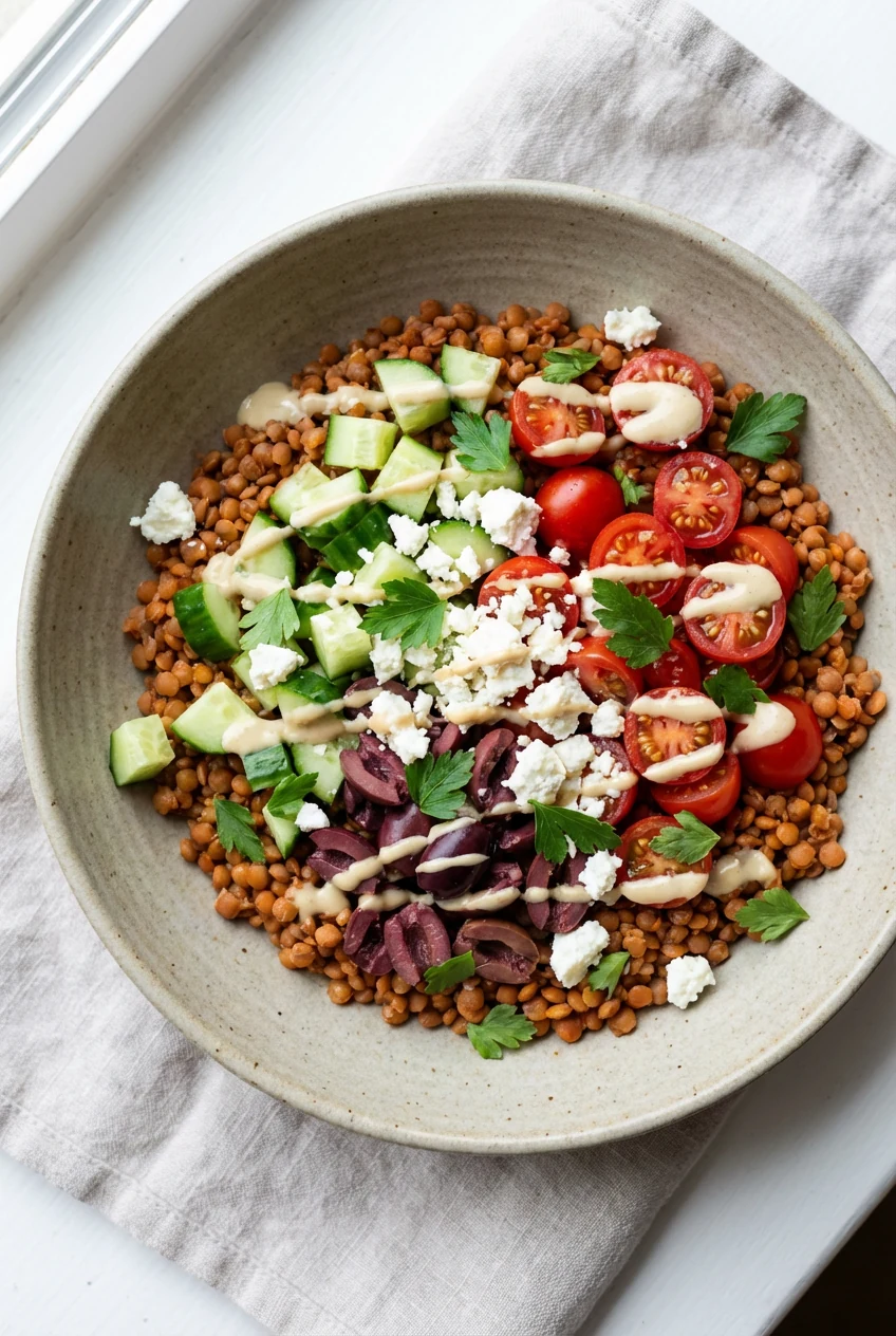 Tasty top view: Overhead shot of Mediterranean Power red lentil bowl topped with chopped cucumber, halved cherry tomatoe