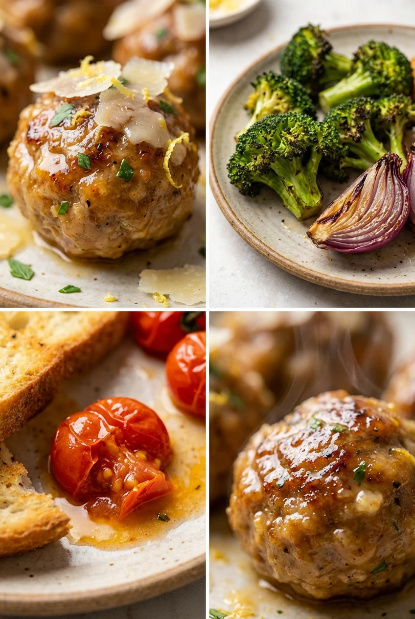 Close-up detail: Glossy garlic-parm meatball with melted Parmesan and lemon zest, flecks of fresh parsley, charred brocc