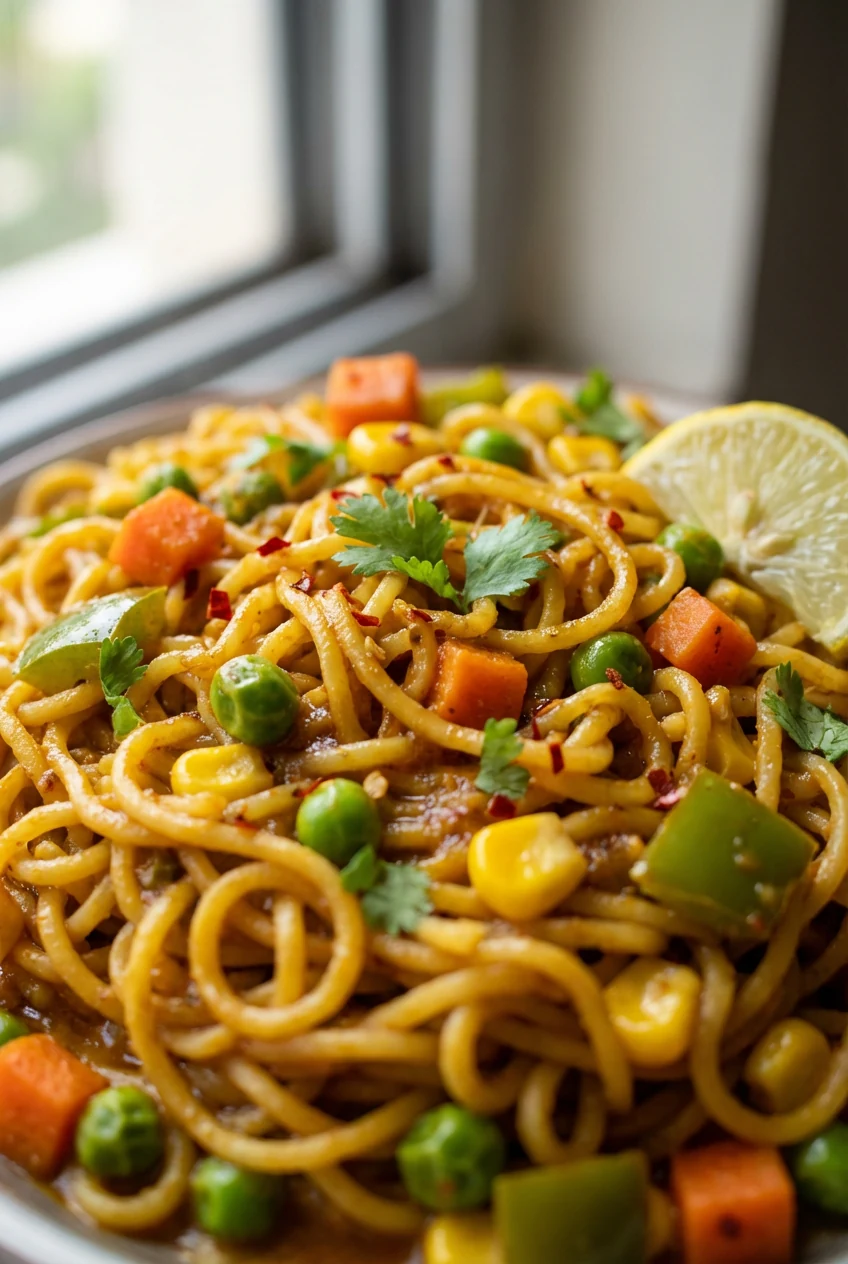 Macro close-up of saucy veg Maggi: masala-coated noodles glistening, tender-crisp carrot dice, peas, sweet corn, and viv