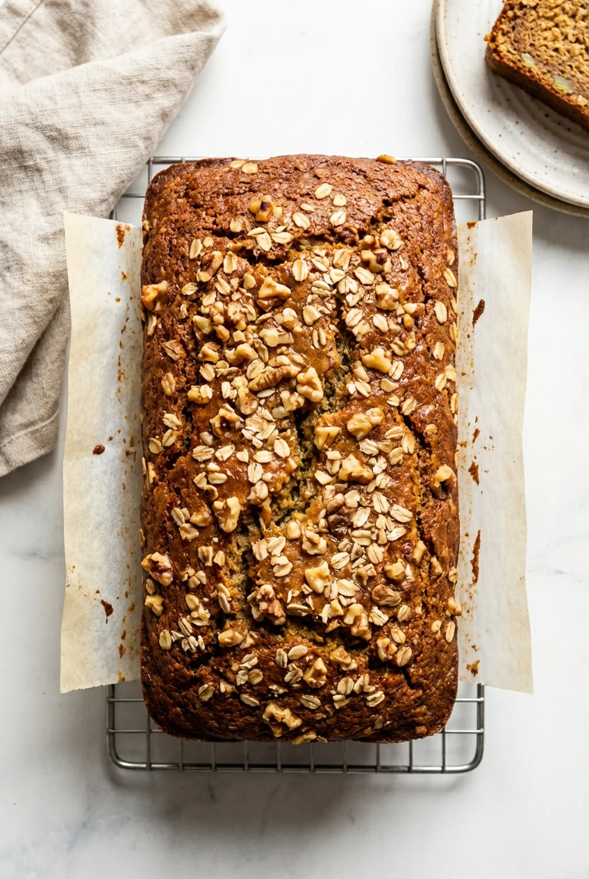Overhead shot of the deep-golden 9x5 zucchini bread loaf cooling on a rack with parchment overhang, top sprinkled with a