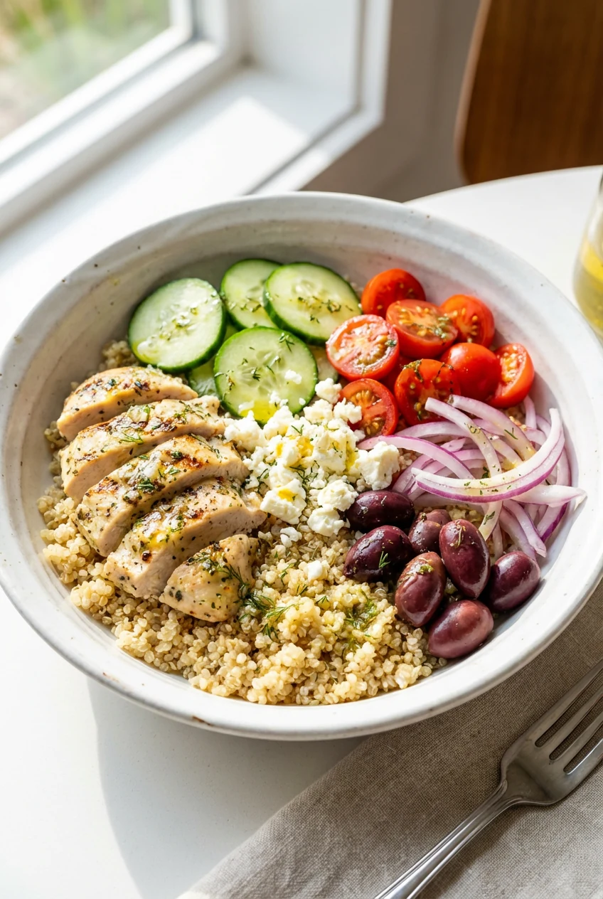Final dish, Lemon Herb Greek bowl: quinoa base topped with juicy lemon-oregano-dill chicken, cucumber, cherry tomatoes,