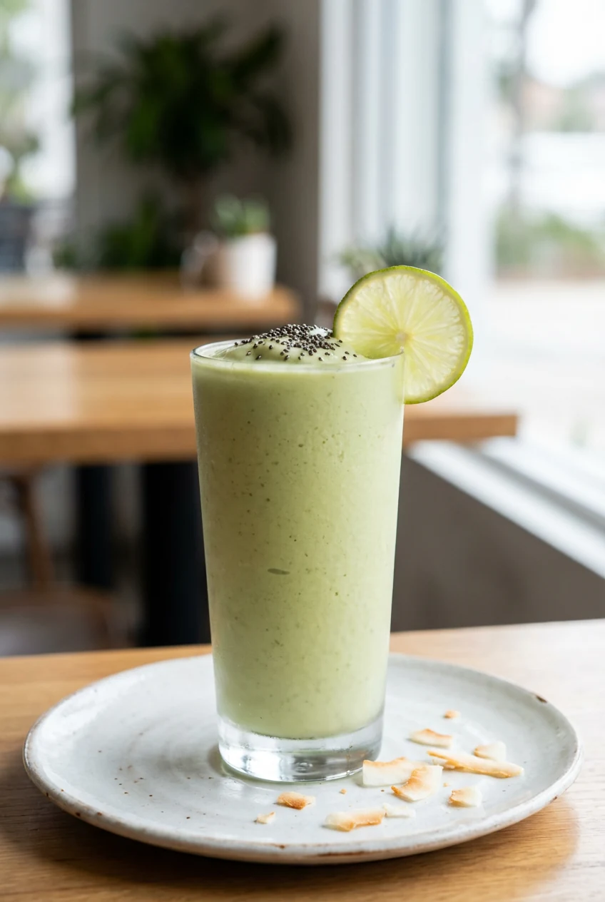 Green Cream Dream smoothie in a tall chilled glass, velvety pale green (mango, pineapple, avocado, spinach, coconut wate