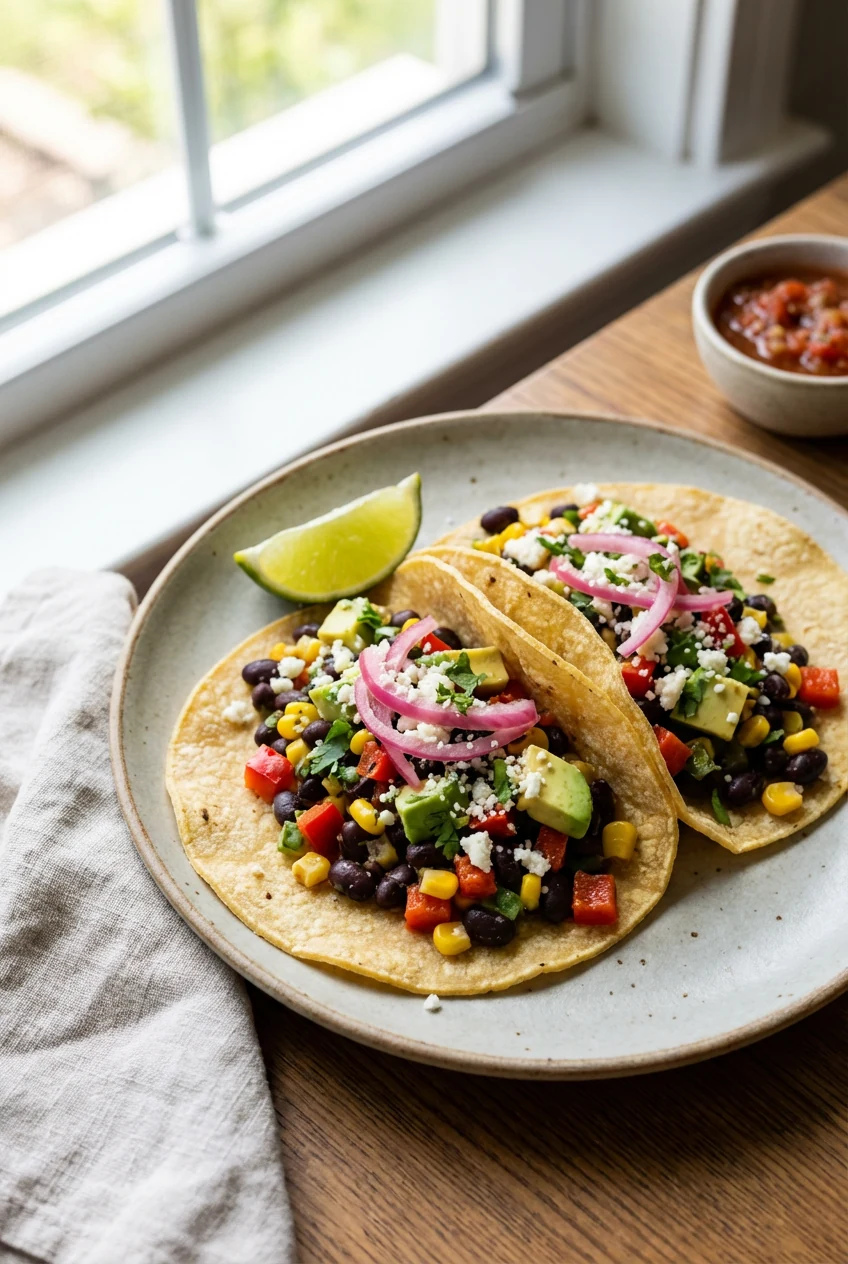 Beautifully plated black bean salad tacos: warm corn tortillas filled with the salad, topped with crumbled cotija, pickl