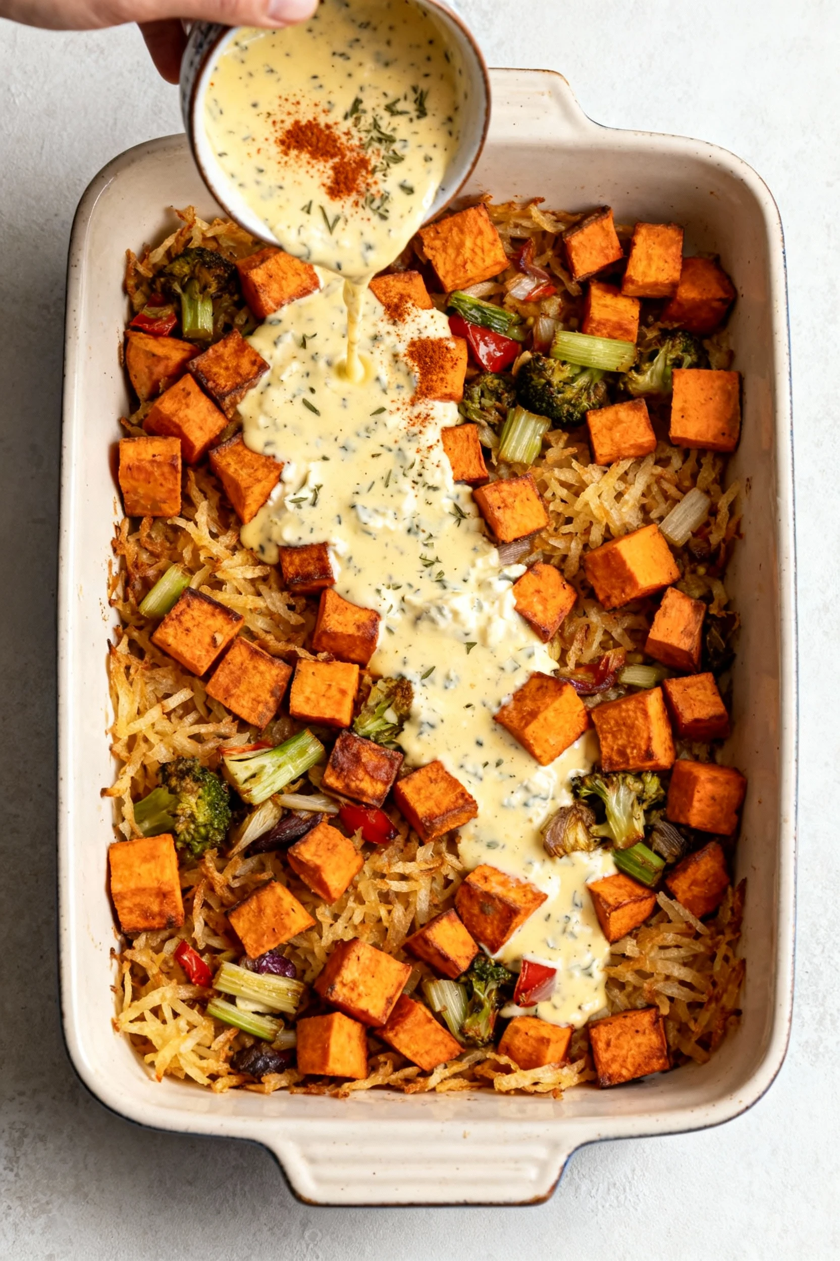 Food photography, 2. Overhead shot of a 9x13 ceramic dish with roasted sweet potato cubes (or pressed, dried hash browns
