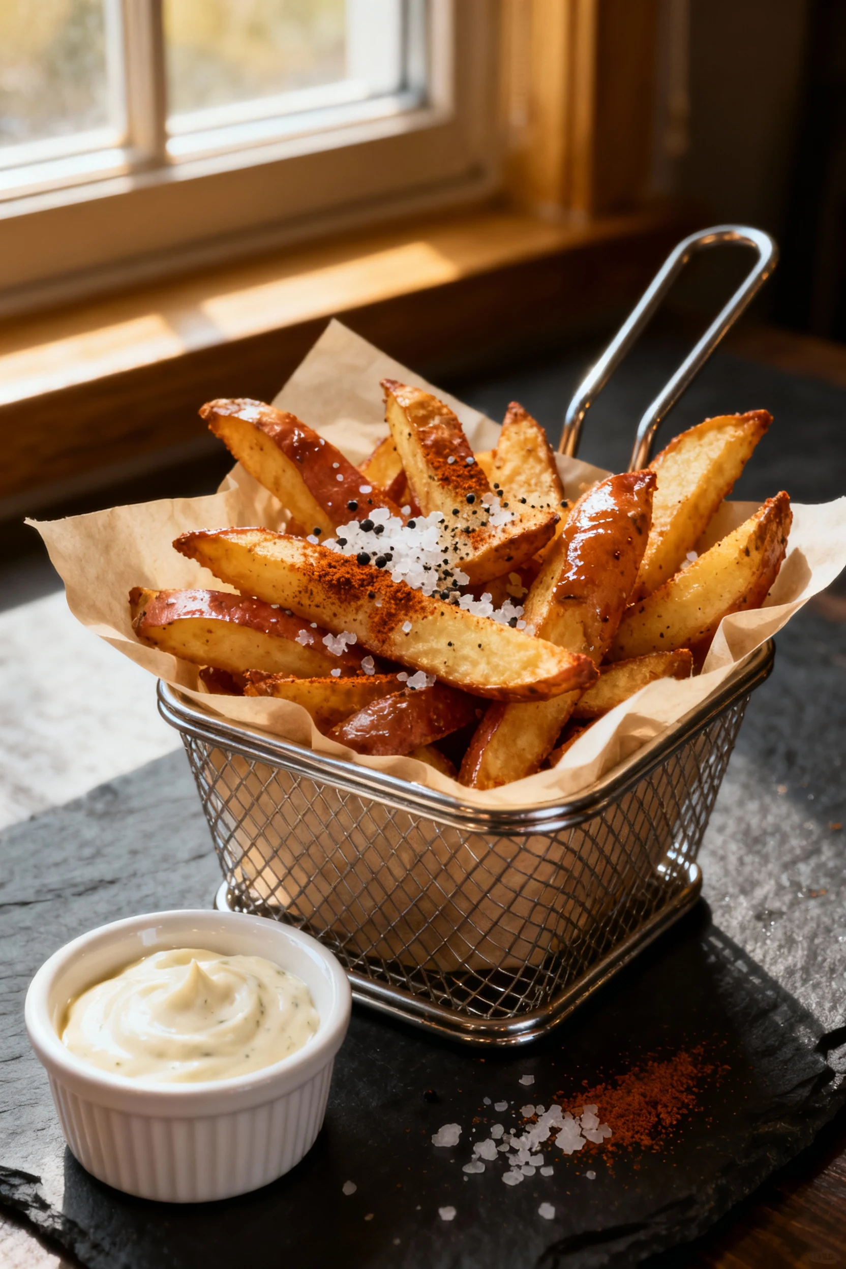 Beautifully plated air-fried French fries (skin-on russets) piled in a parchment-lined metal fry basket, immediately tos