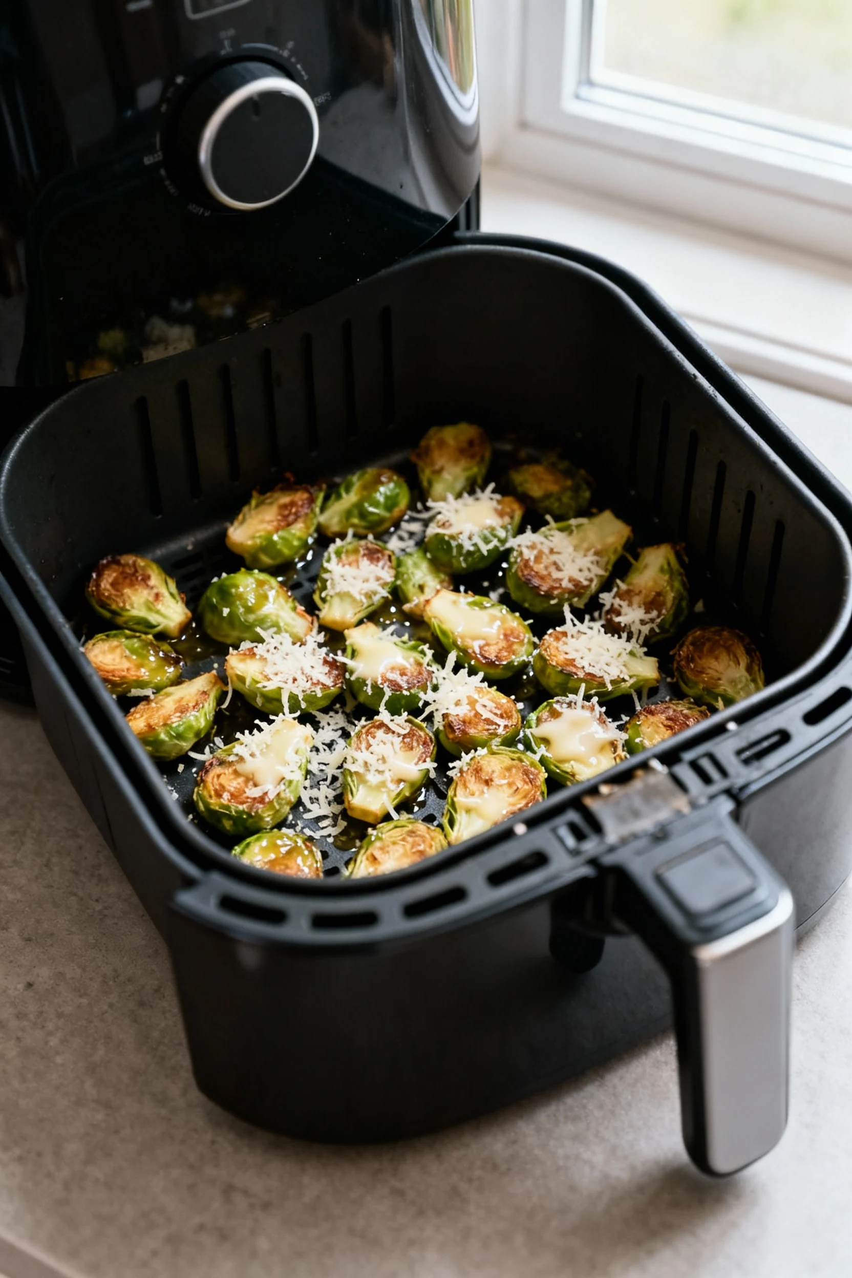 Cooking process: air fryer basket pulled out mid-cook, sprouts arranged in a single layer with minimal oil sheen, freshl