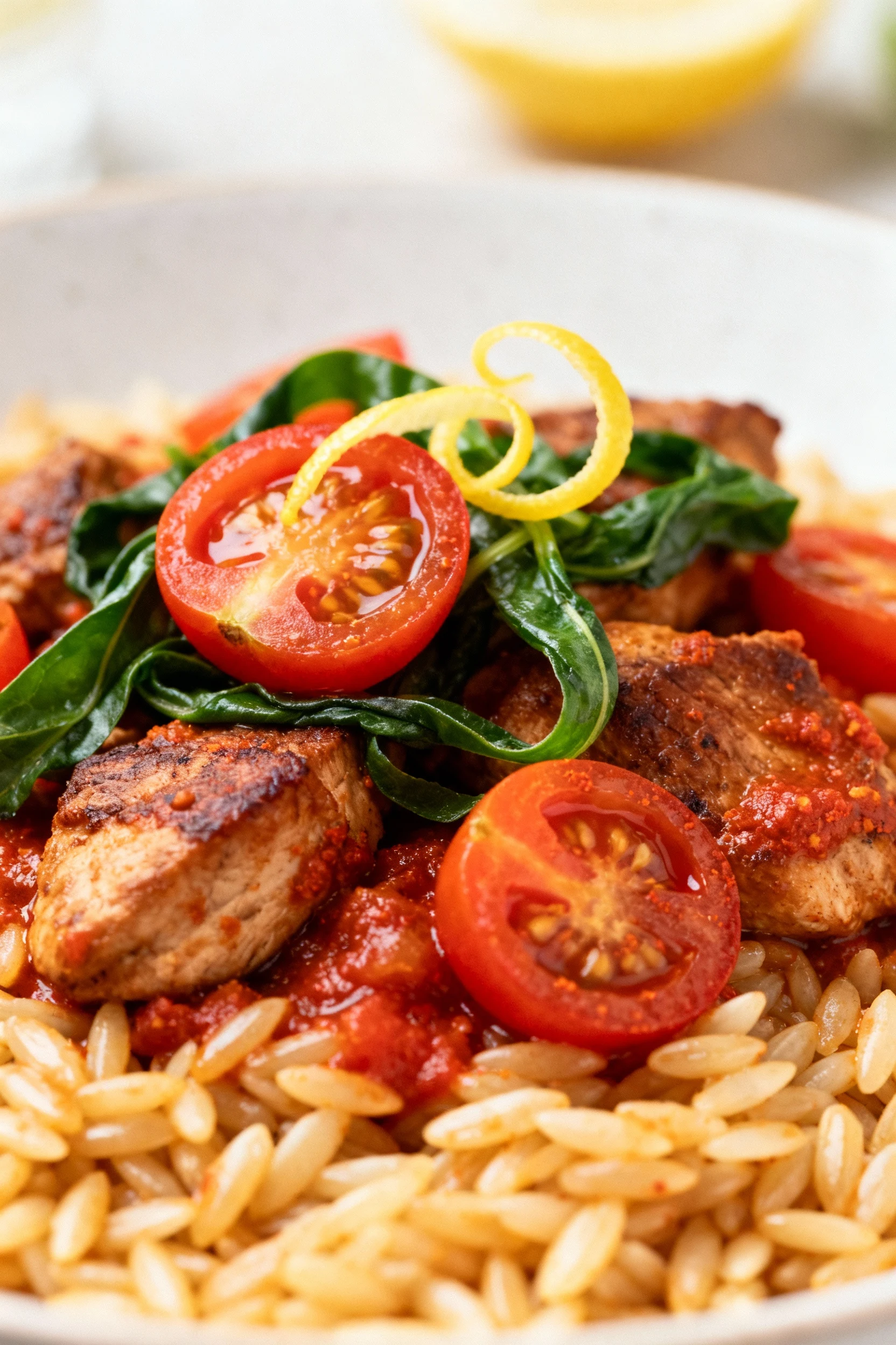 Close-up detail of glossy orzo and browned turkey coated in tomato‑paprika sauce; burst cherry tomato halves, wilted spi
