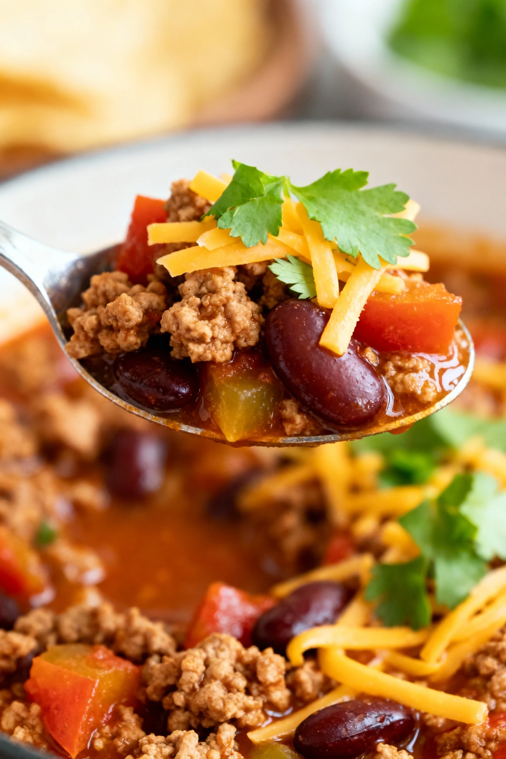 Extreme close-up of a spoonful of turkey chili—tender browned turkey crumbles, plump beans, softened bell pepper, and me