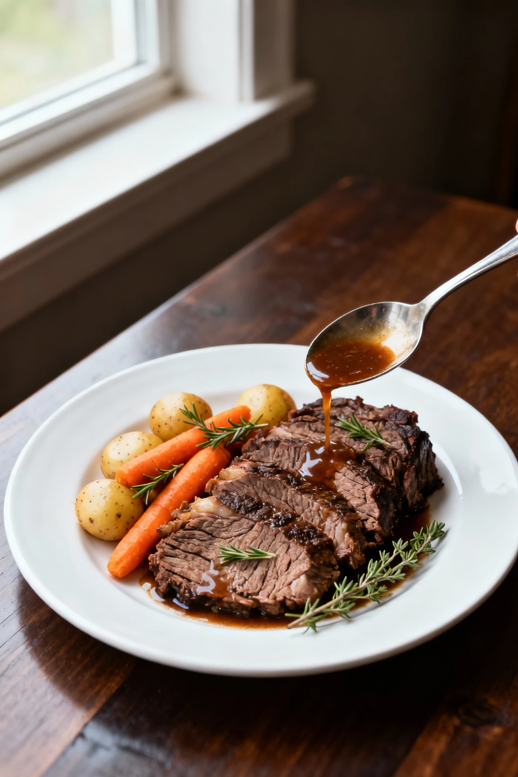 2. Final dish: beautifully plated Classic Pot Roast—sliced chuck roast with carrots and baby potatoes, spooned with rich