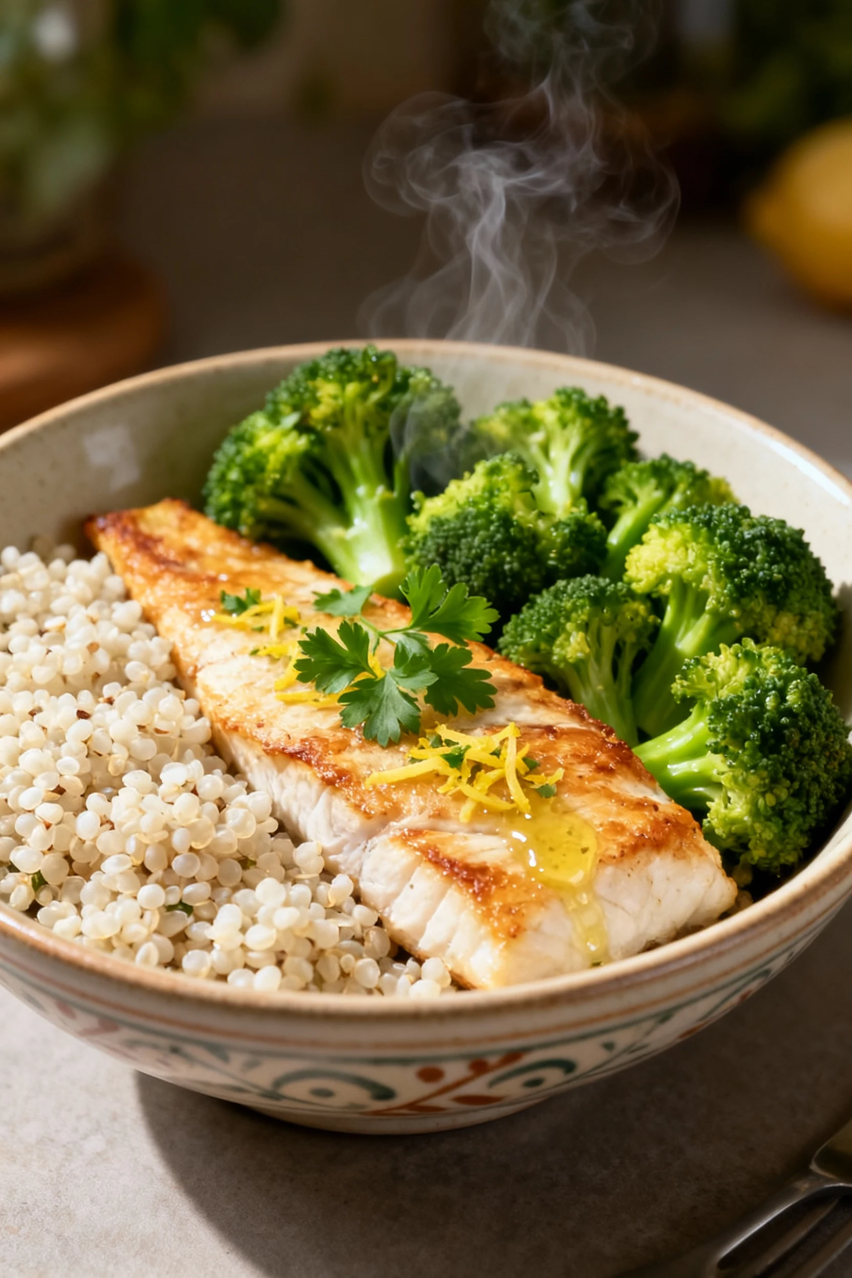 Overhead shot of a Mediterranean-inspired quinoa bowl topped with lemon-spritzed baked white fish, vibrant steamed brocc