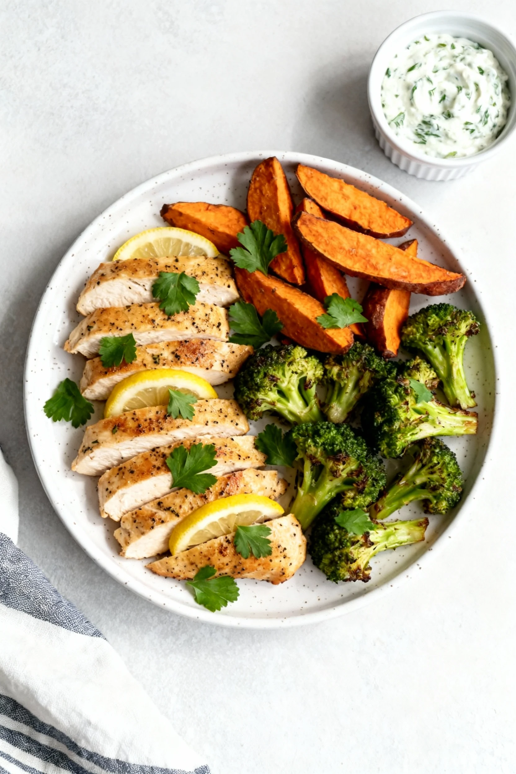 Overhead shot of a final plated low-calorie air fryer dinner featuring lemon-pepper chicken strips, roasted broccoli flo