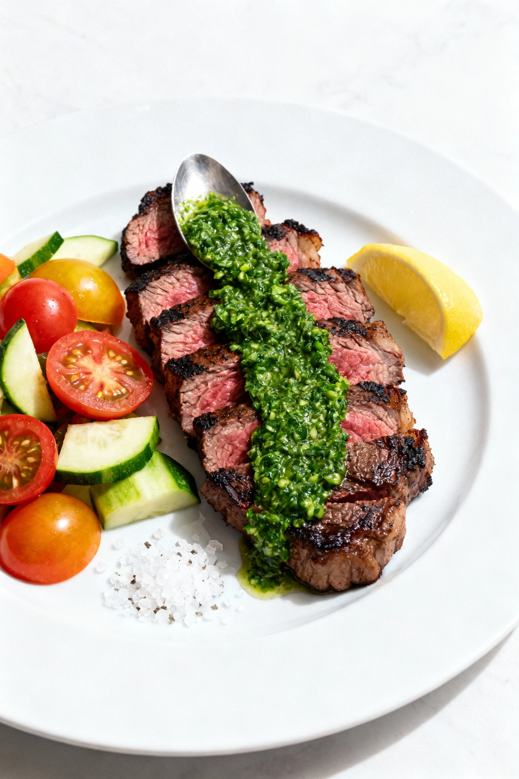 Beautifully plated Chimichurri Sirloin—sliced medium-rare with charred crust, vivid green chimichurri spooned over, heir
