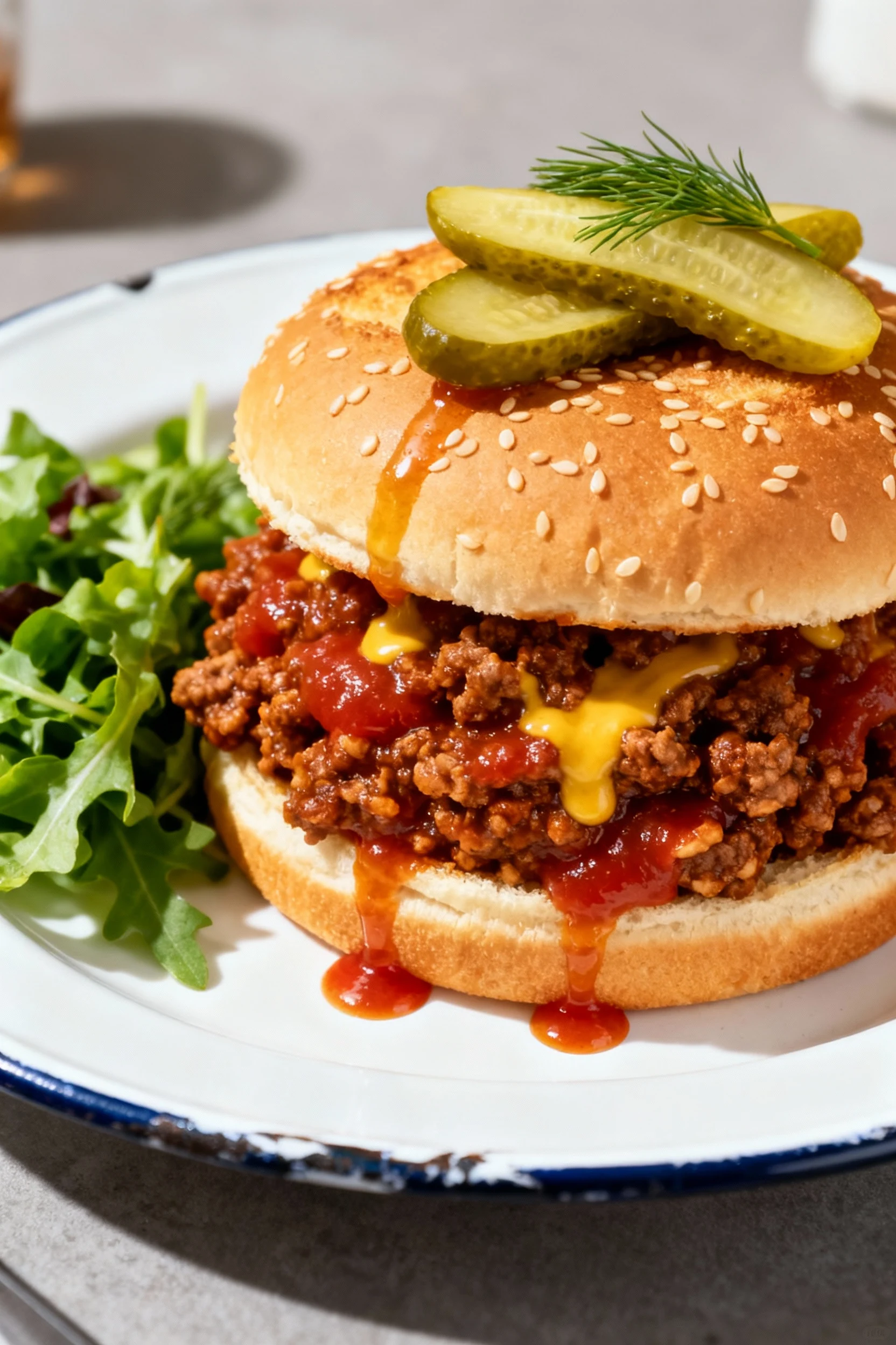 Final dish: Classic Sloppy Joes—thick, clingy beef (ketchup + mustard) piled on butter-toasted sesame buns, topped with 