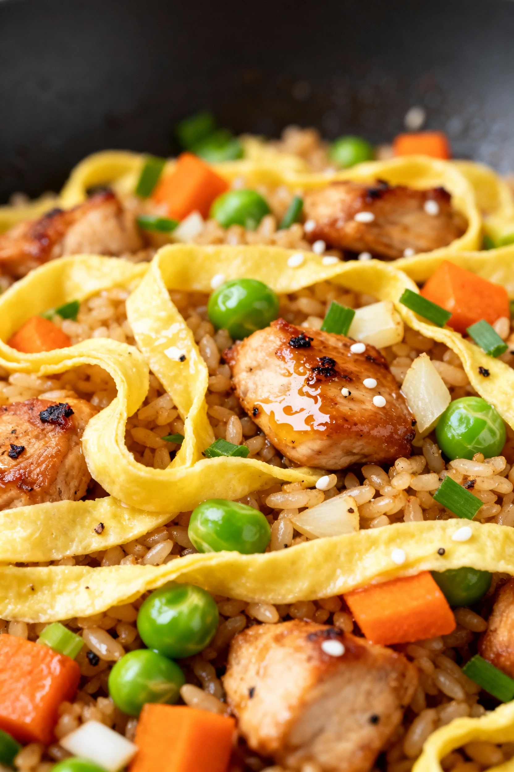 Macro close-up of silky egg ribbons tangled with chewy grains and seared chicken bites, bright peas and carrots, garlic-