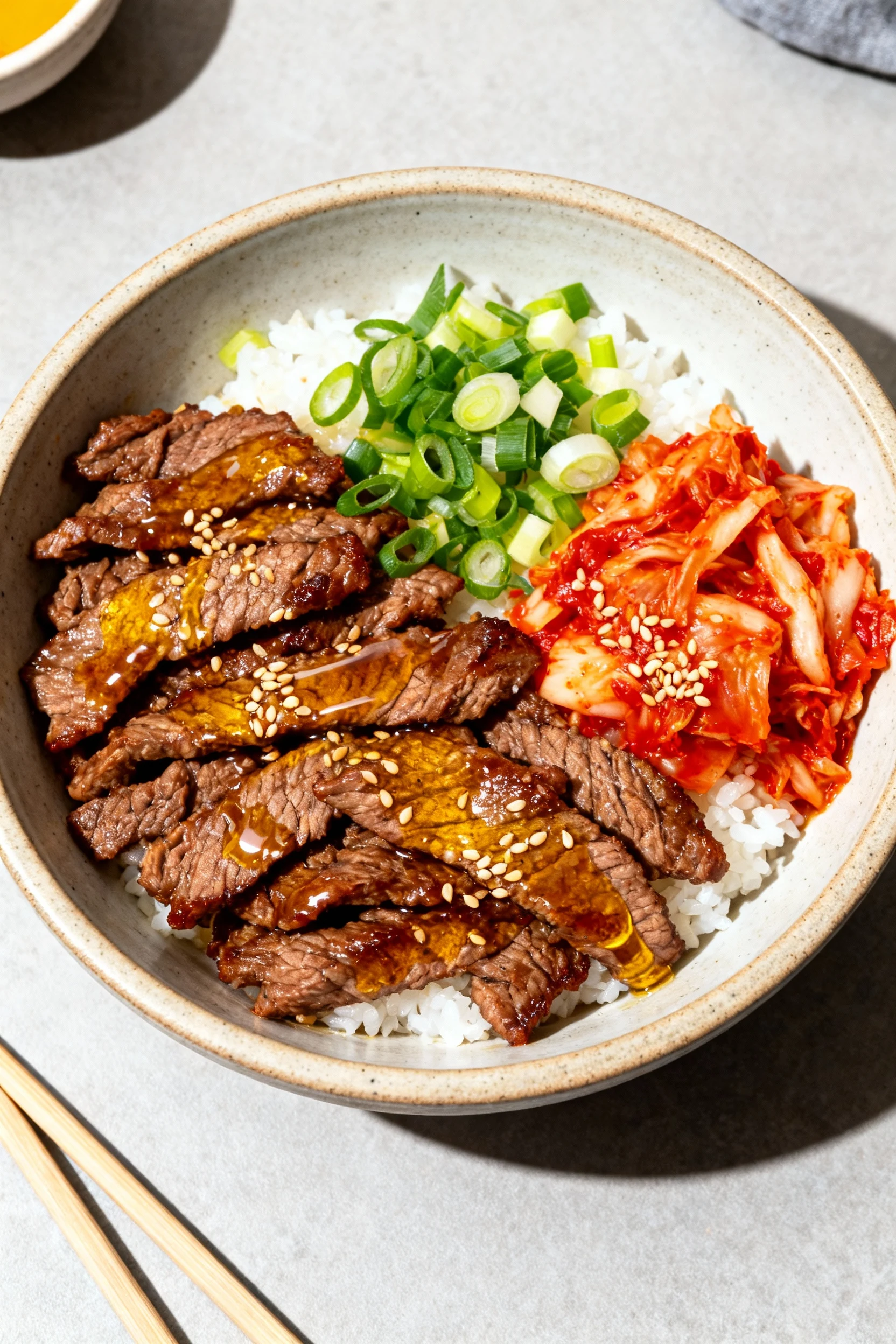 Overhead shot of Korean-inspired bulgogi beef rice bowl with glistening caramelized strips of beef, bright kimchi, scall