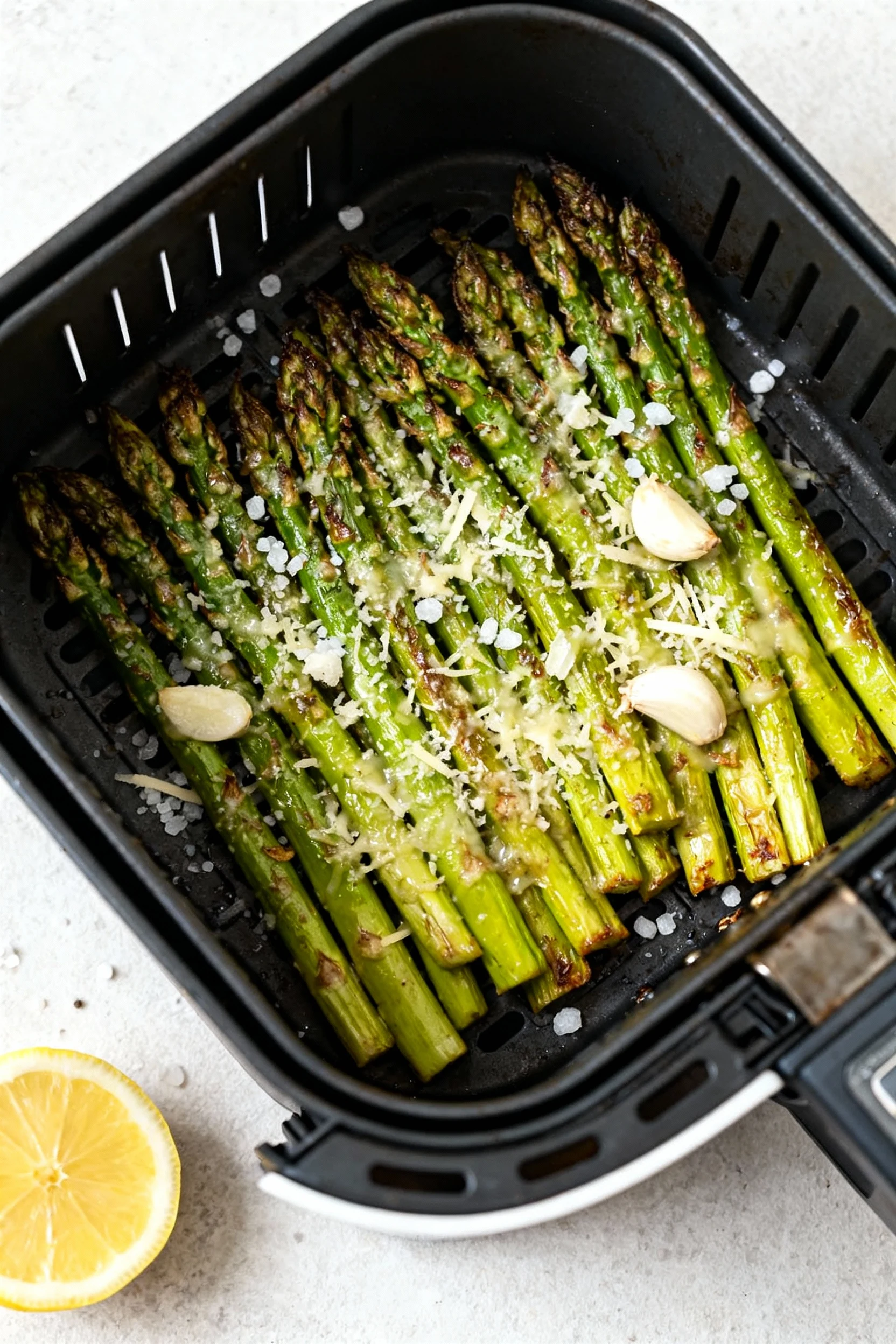 Overhead shot of air-fried asparagus in the basket: extra-crisp spears in a single layer with melted parmesan and garlic