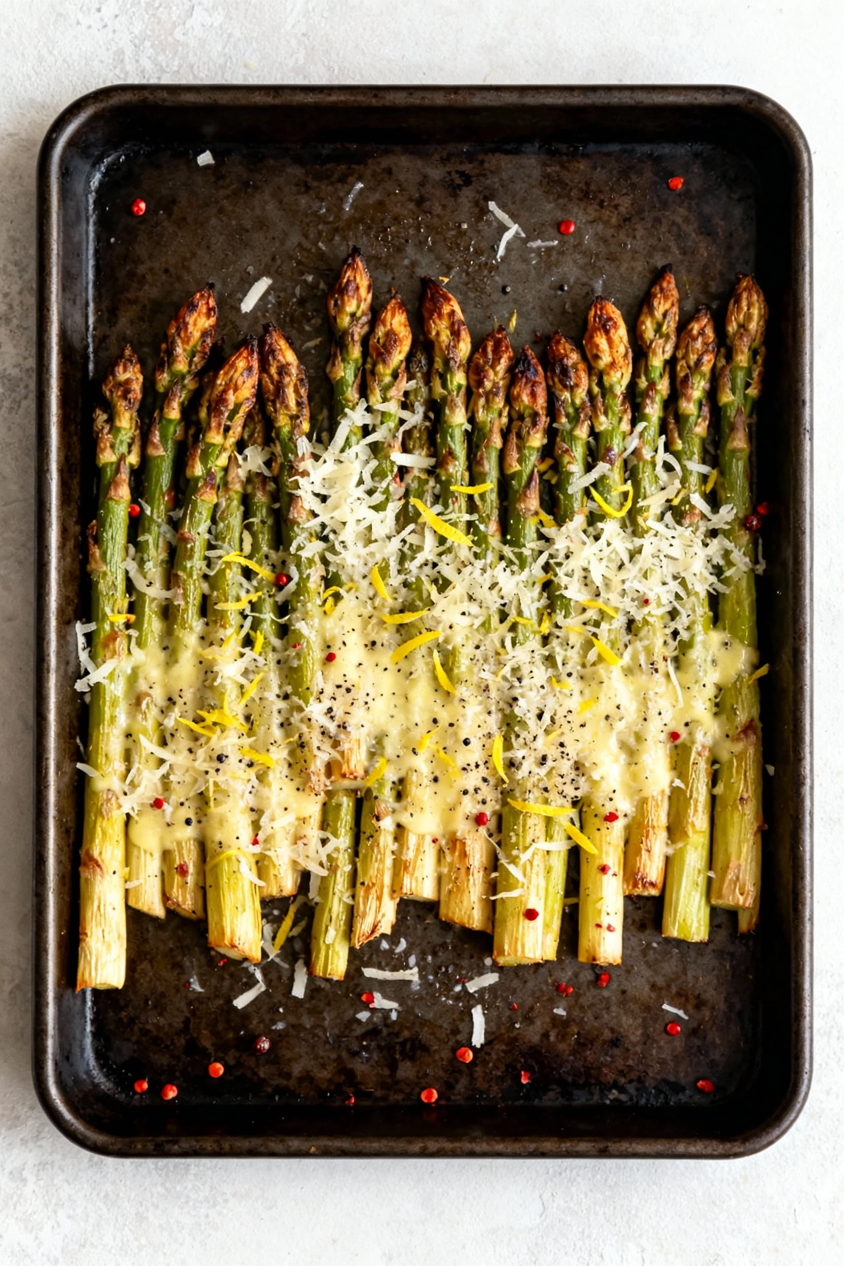 Overhead shot of roasted lemon–Parmesan asparagus spread in a single layer on a preheated dark sheet pan; evenly browned