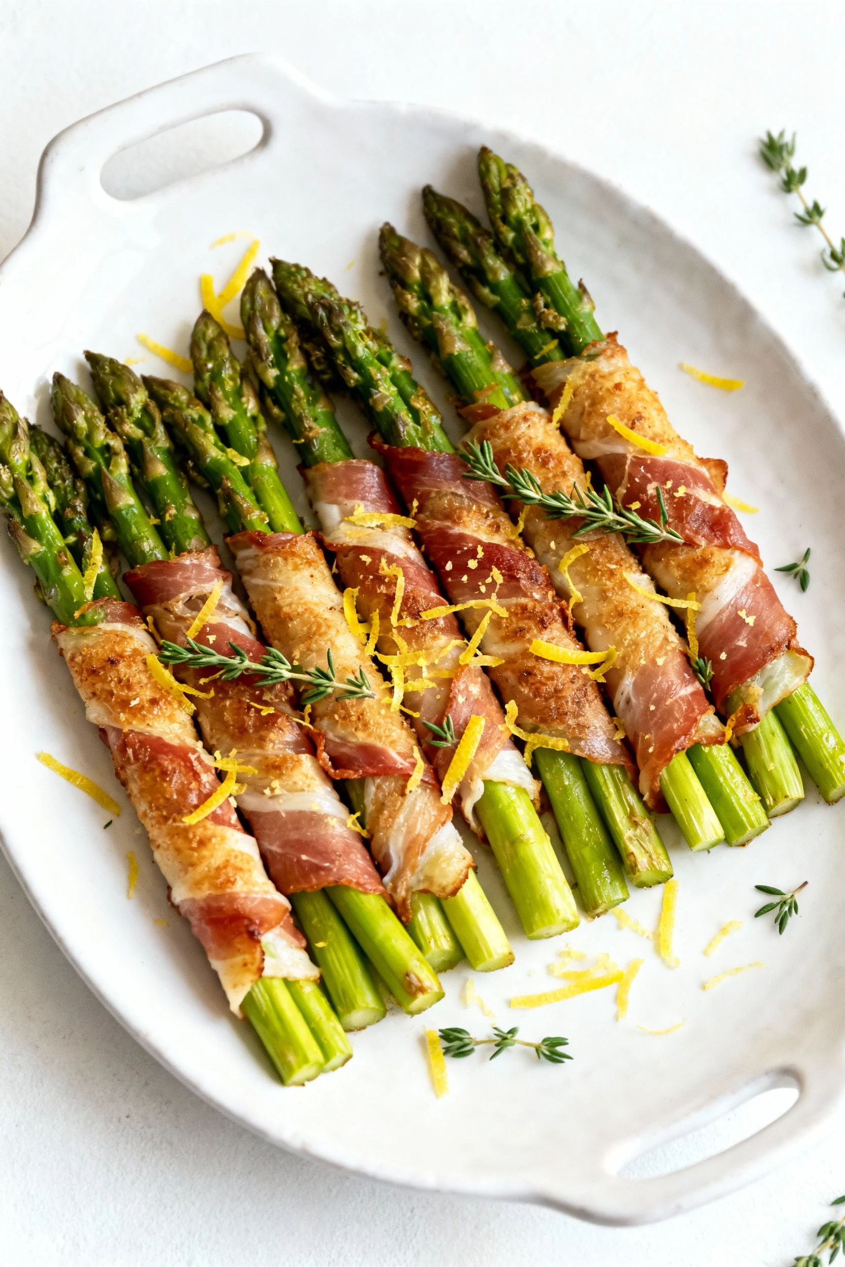 Overhead shot of a platter of baked prosciutto wrapped asparagus arranged in neat rows on white ceramic serving plate, s