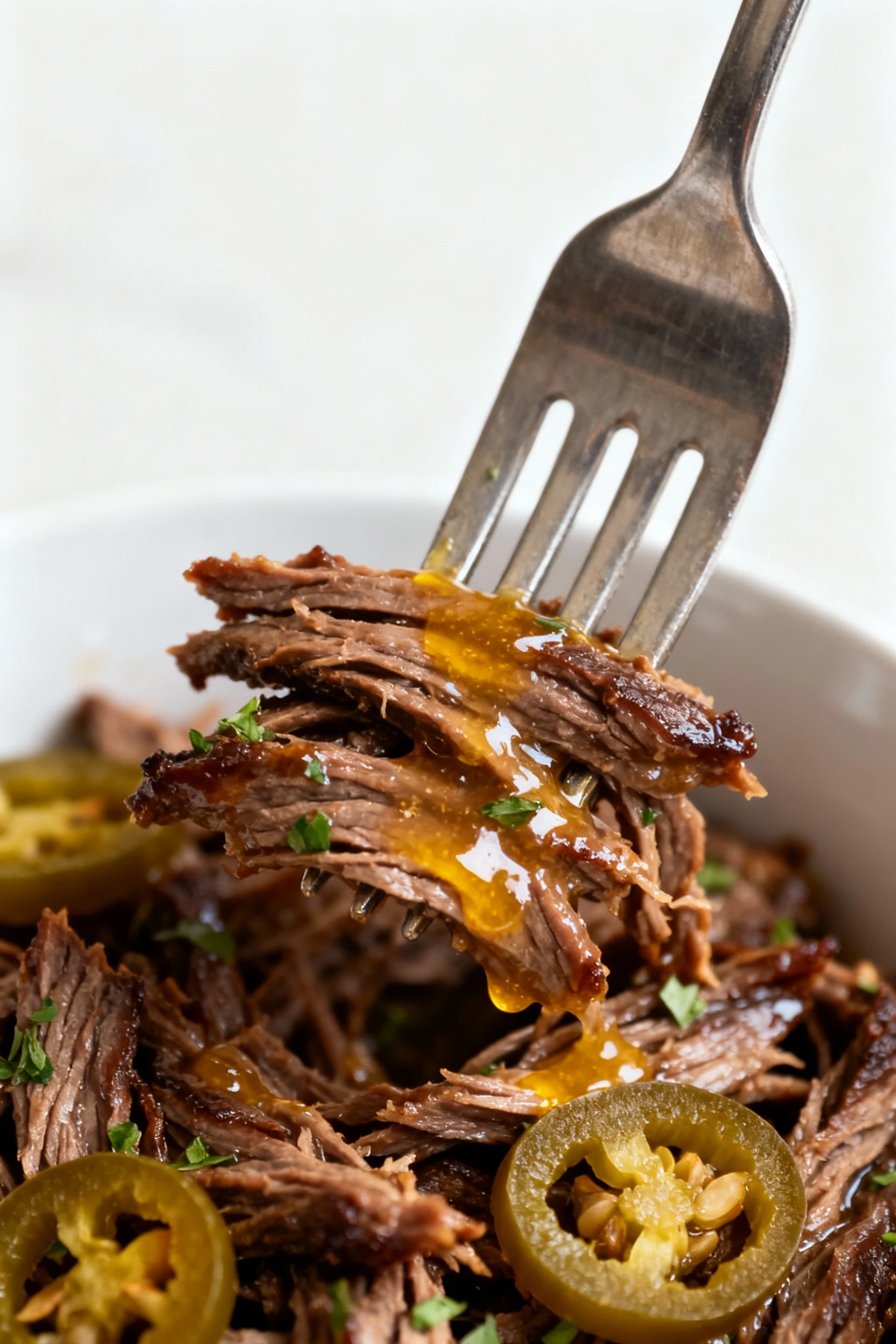 Close-up detail of fork-tender beef shreds glistening with emulsified, tangy jus; pepperoncini rings and herb flecks cli